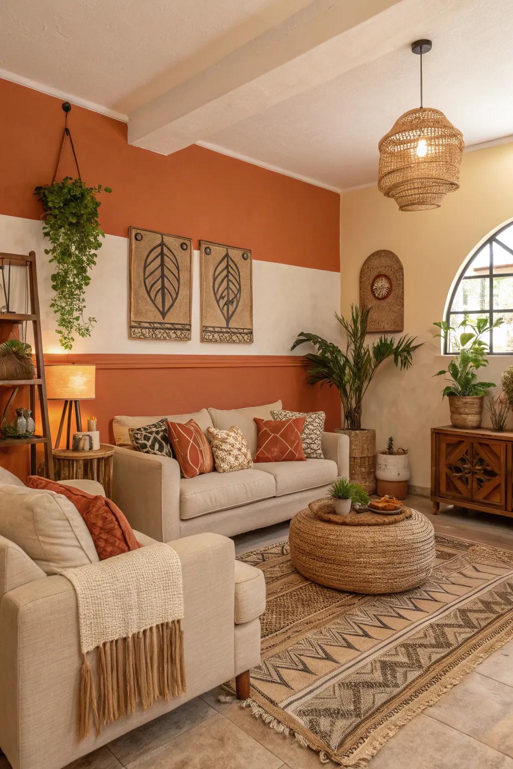 A family space that feels grounded and welcoming with its tangerine and cream palette.