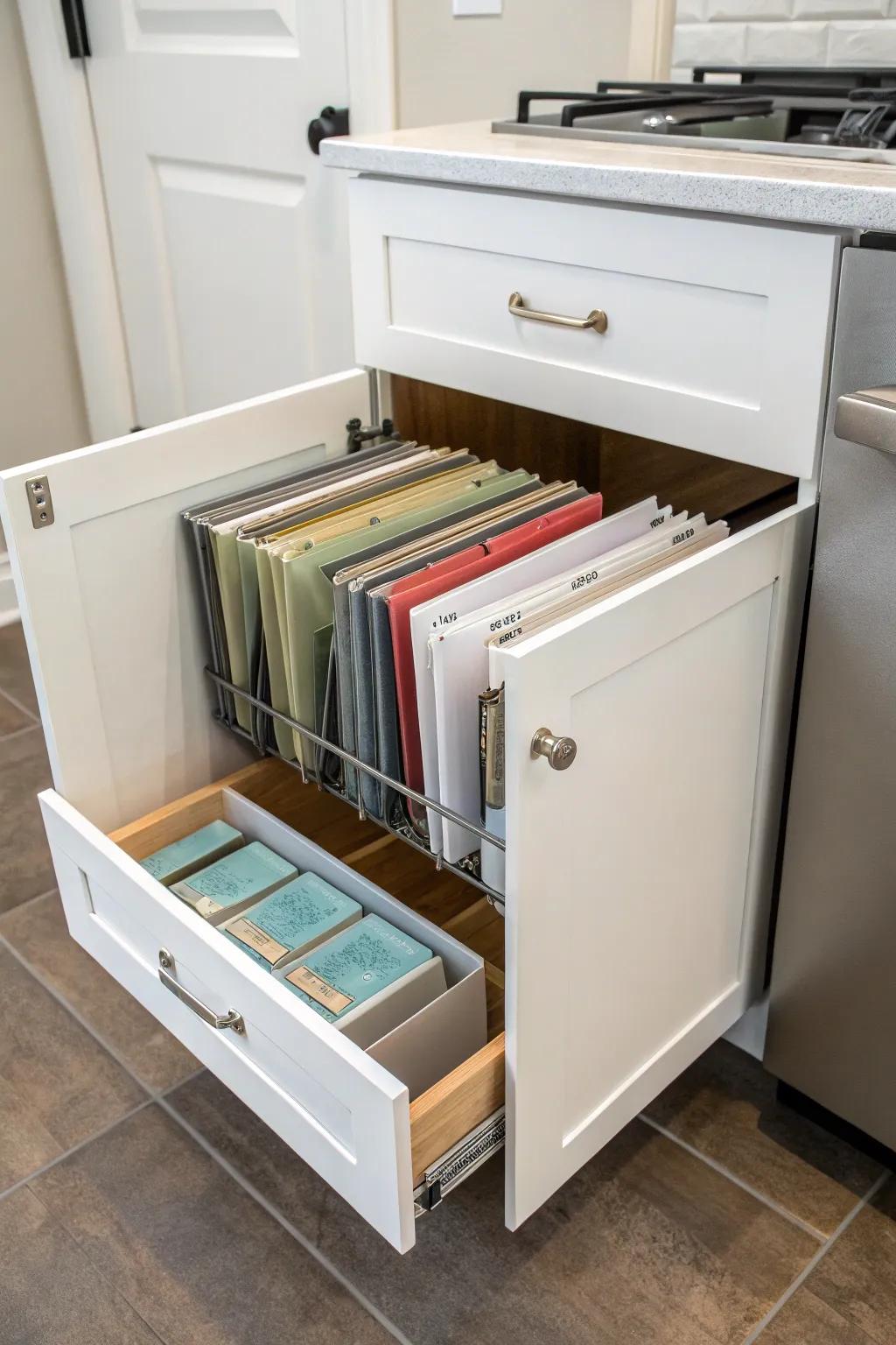 Vertical file holders provide organized storage for flat items.