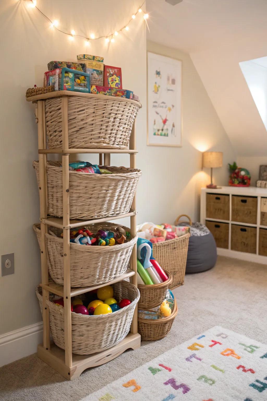 Basket towers offer stylish storage ideas.