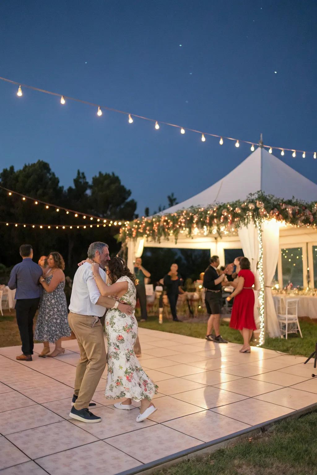 An open-air dance place encourages attendees to dance the night time away.