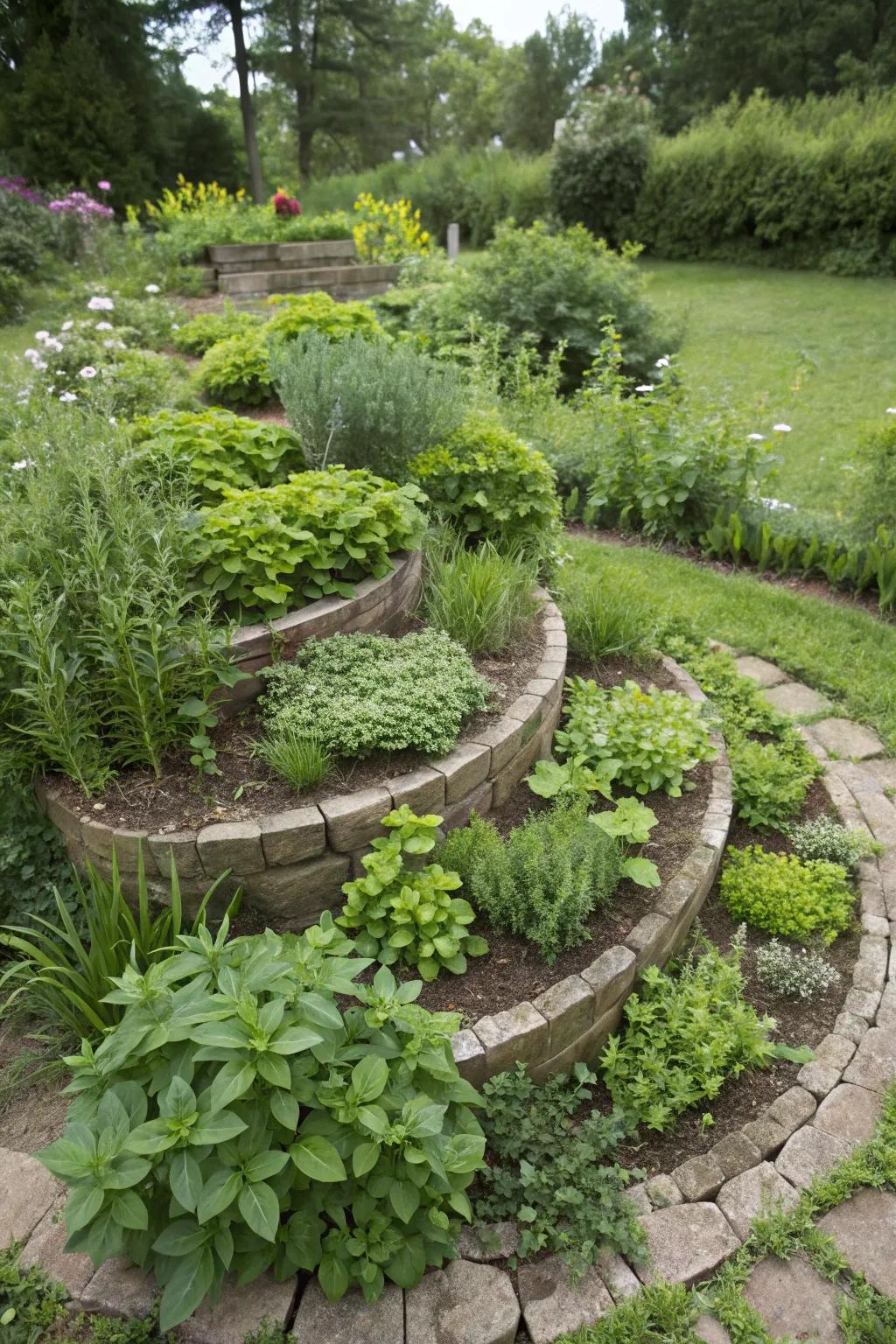 A spice herb helix maximizing space and fashioning a functional garden feature.
