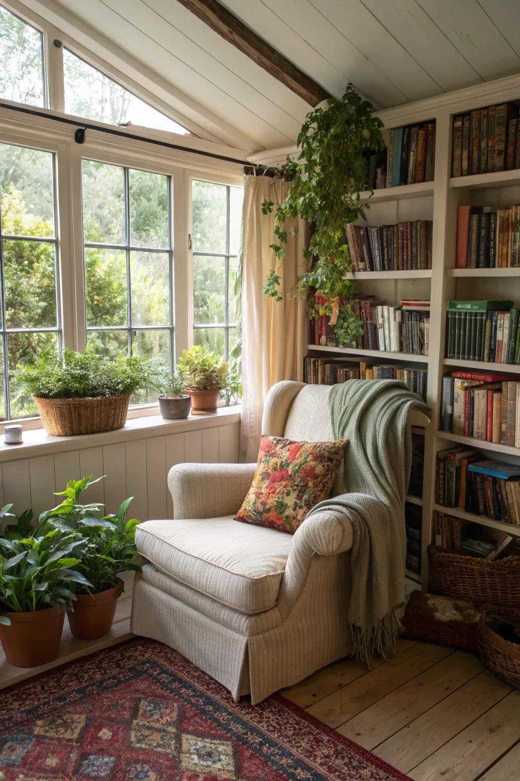 A book perusal corner providing a tranquil escape in a garden room.