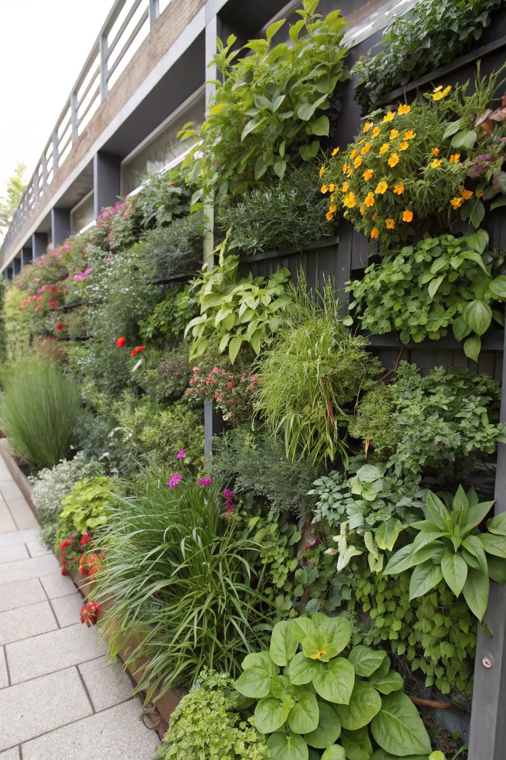 Upright flora walls add greenery and save floor space in your outdoor retreat.