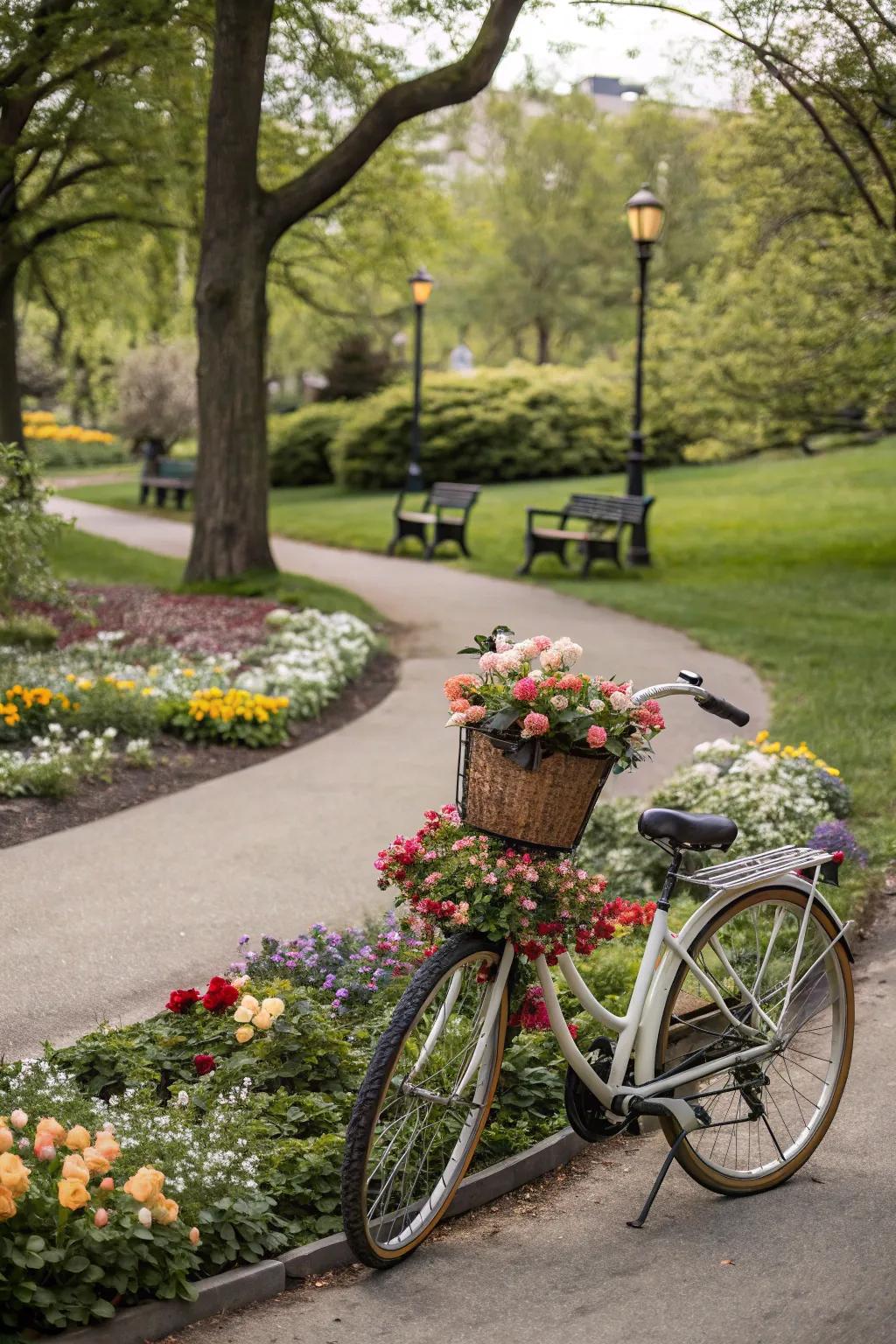 A retro bicycle brings a nostalgic and whimsical element to park decor.