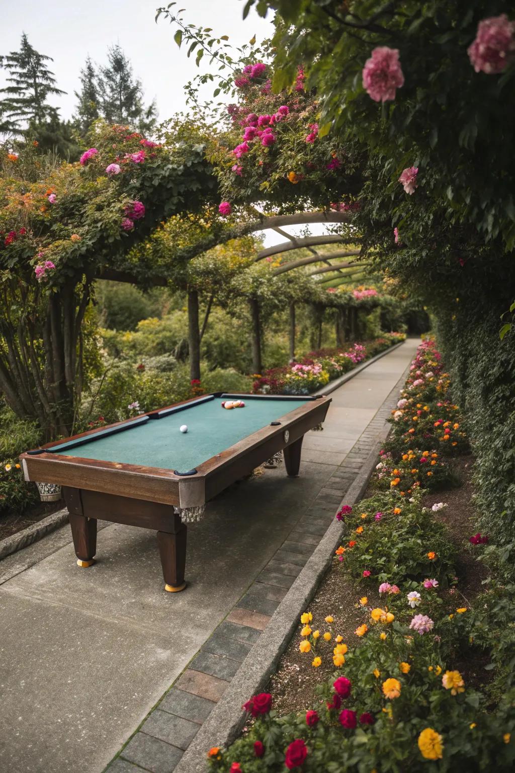 A snooker table along a scenic garden path.