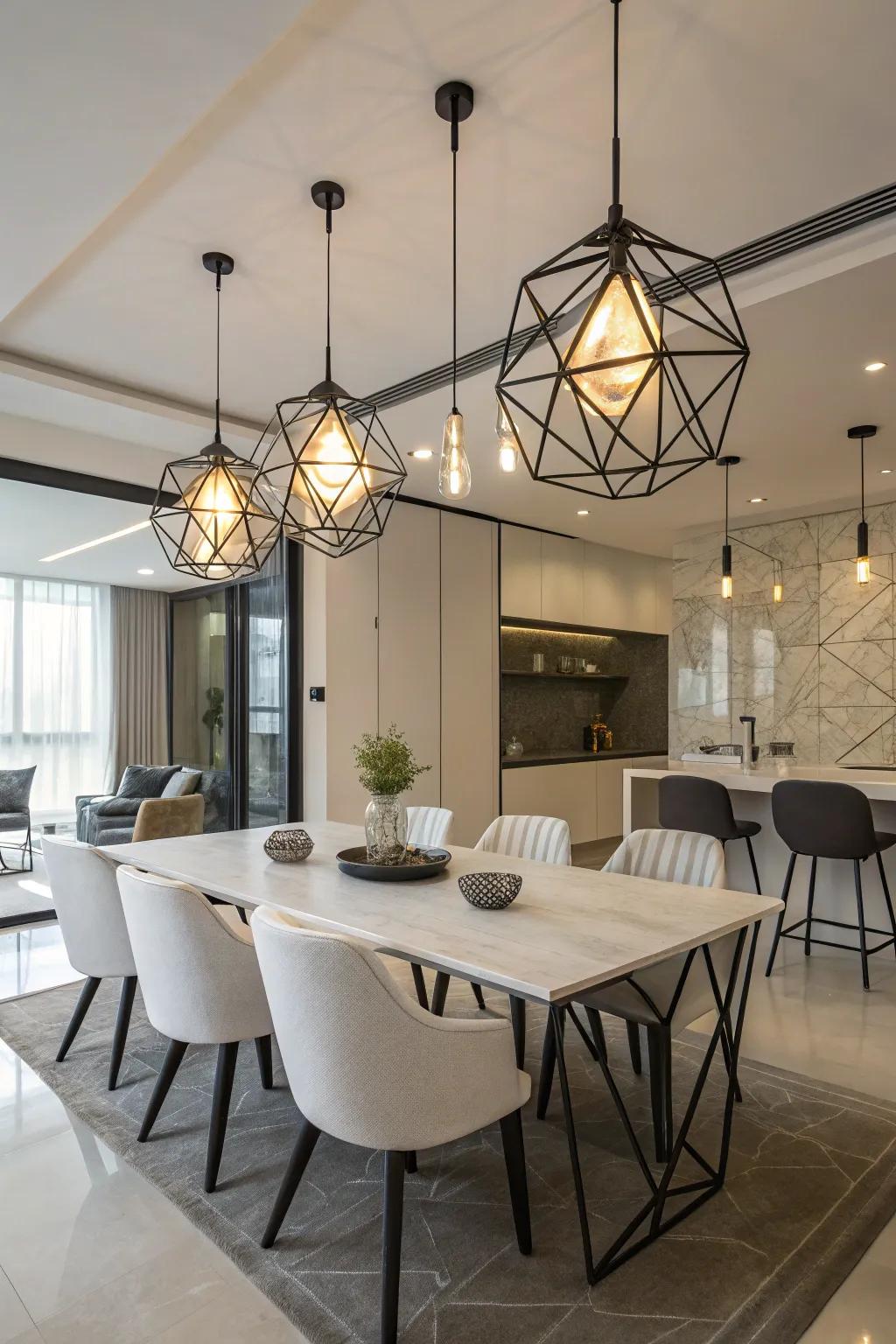 Angled illumination fittings deliver an artistic touch to any dining space.