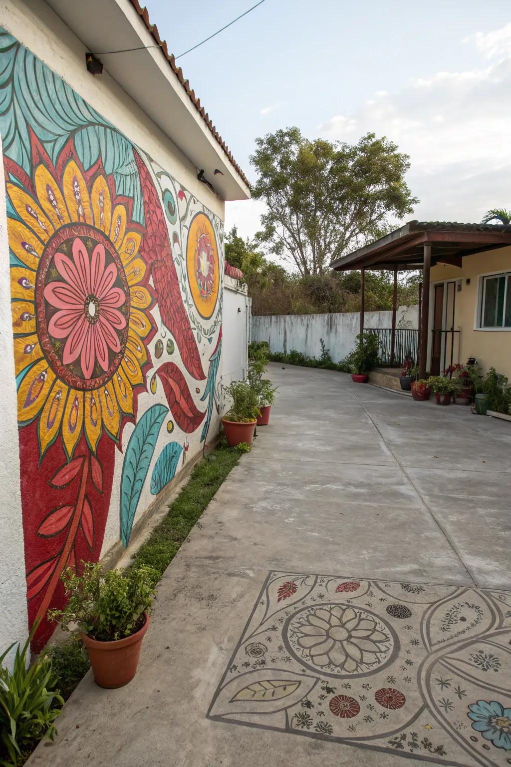 An artistic wall-art transforms this patio into a bold statement piece.