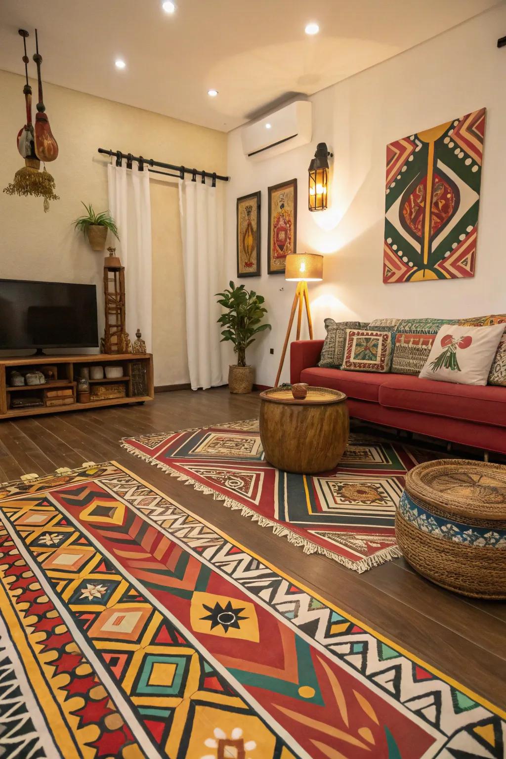 A family room featuring vibrant tribal print painted floors, crafting a lively cultural hub.