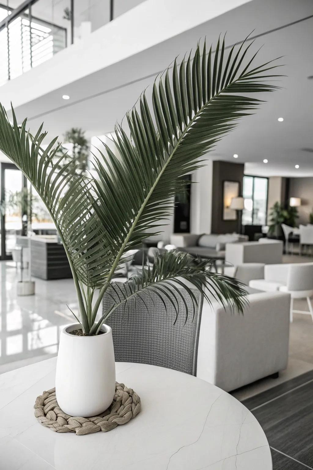 A monochrome color scheme with fronds offers an elegant aesthetic.