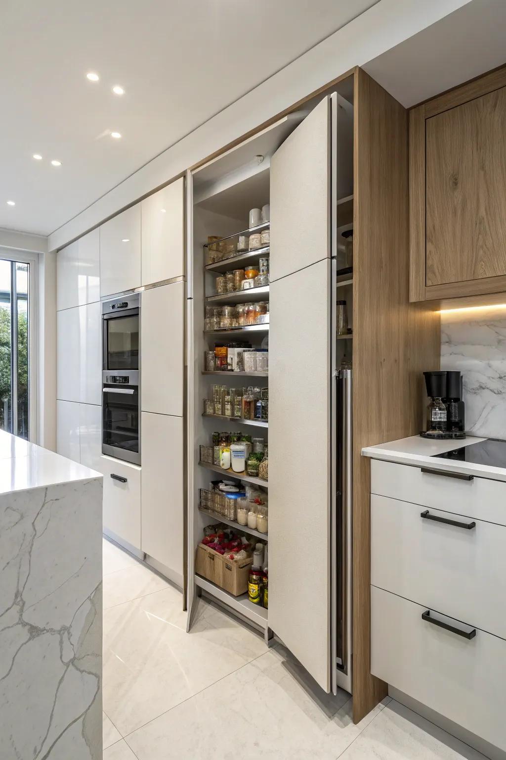 A hidden pantry keeps your kitchen organized and sleek.
