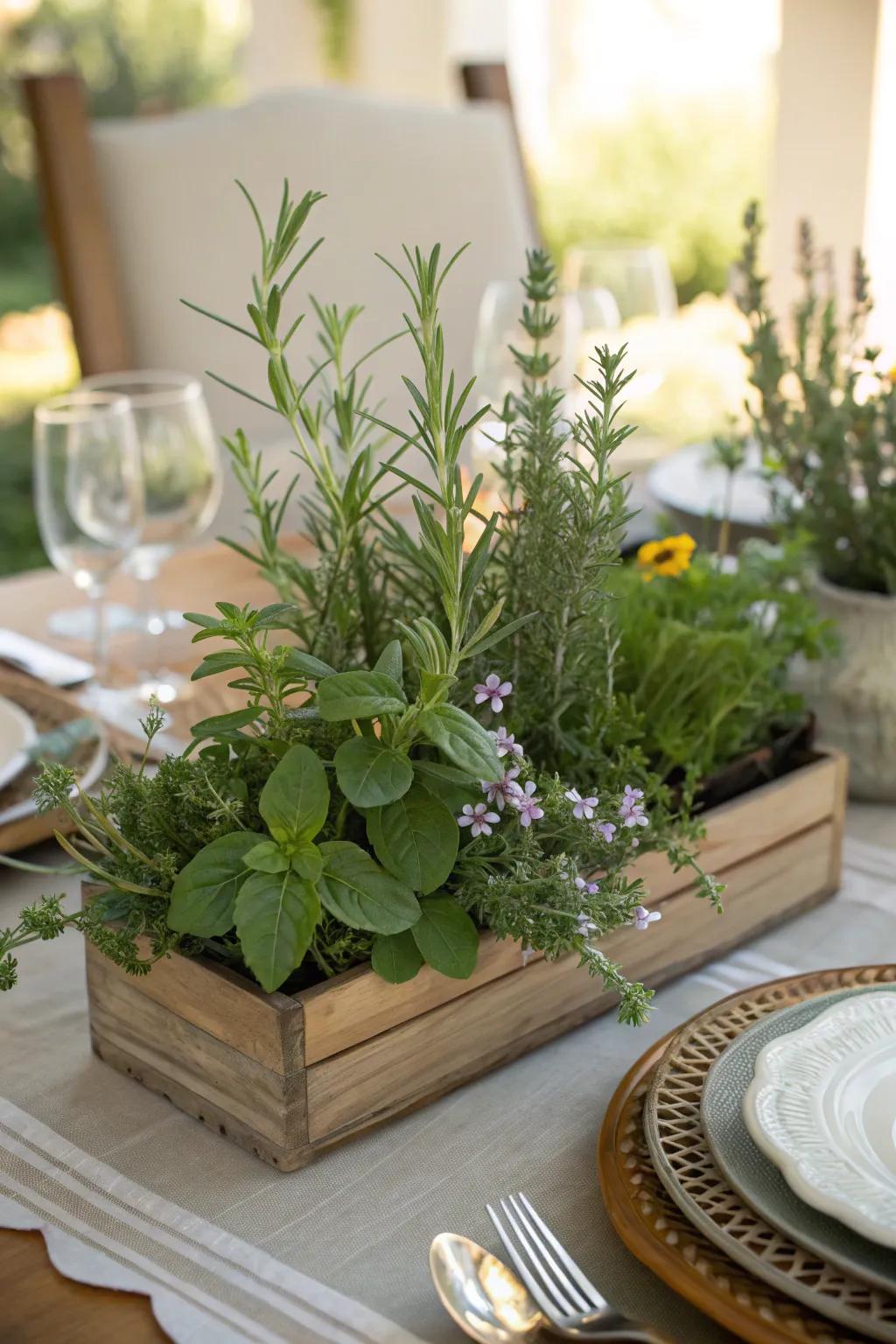 A garden-inspired centerpiece featuring fresh herbs.