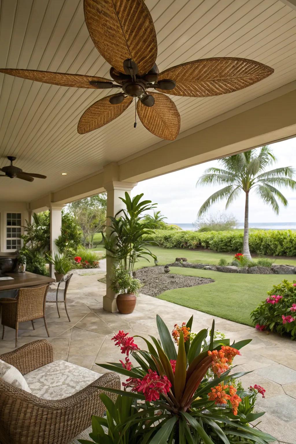 A tropical-themed patio with a ceiling fan featuring frond wings.