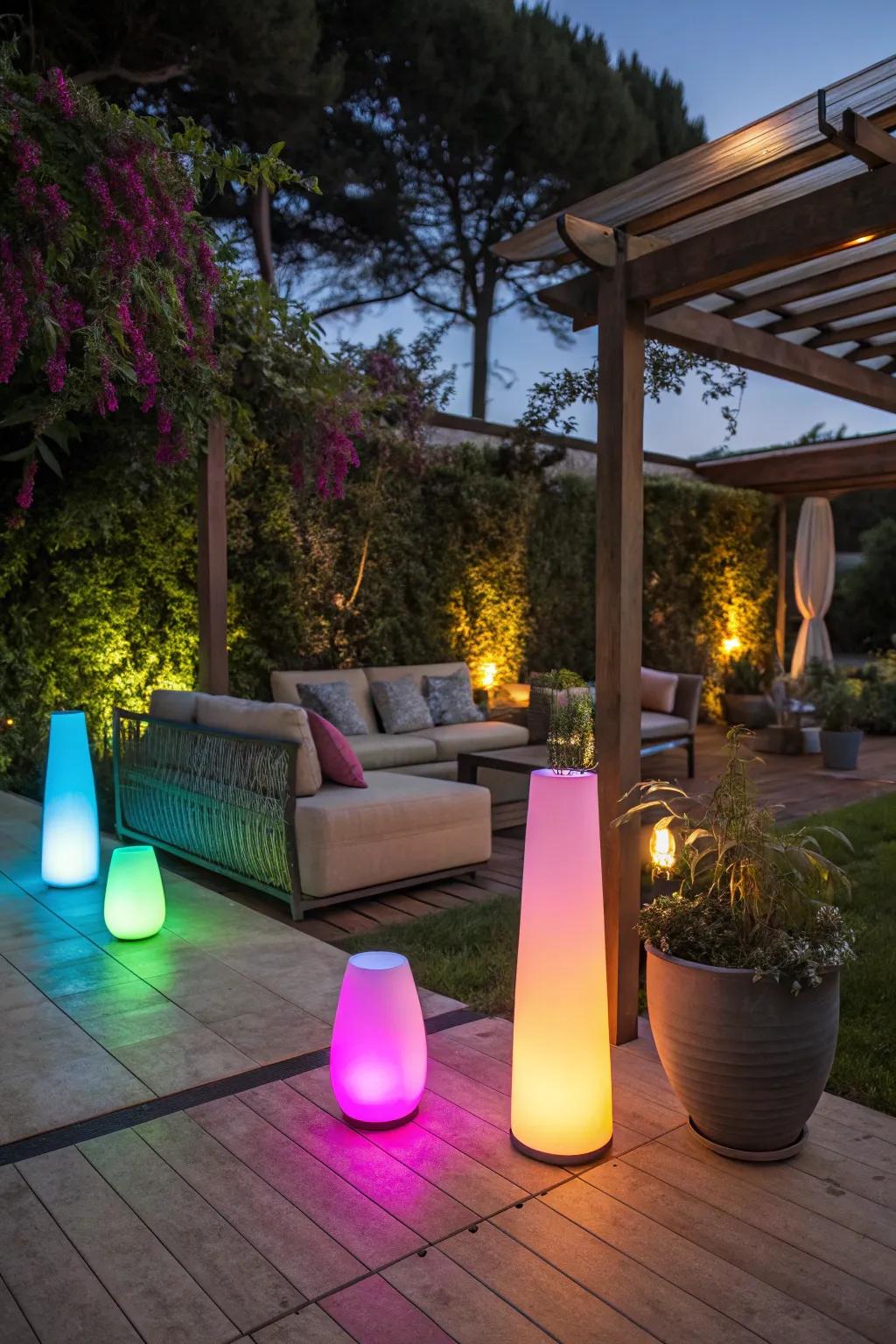 Hue-altering diodes furnish a dynamic and playful sparkle choice for your patio.