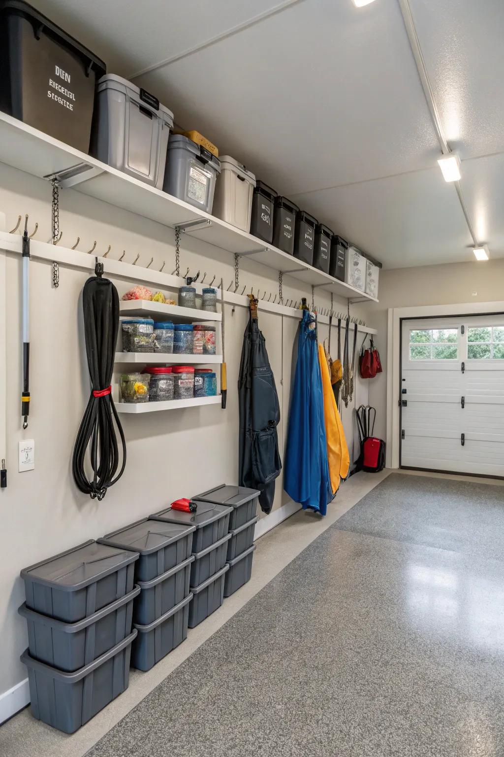Garage hooks intended for safe and dry umbrella suspension.