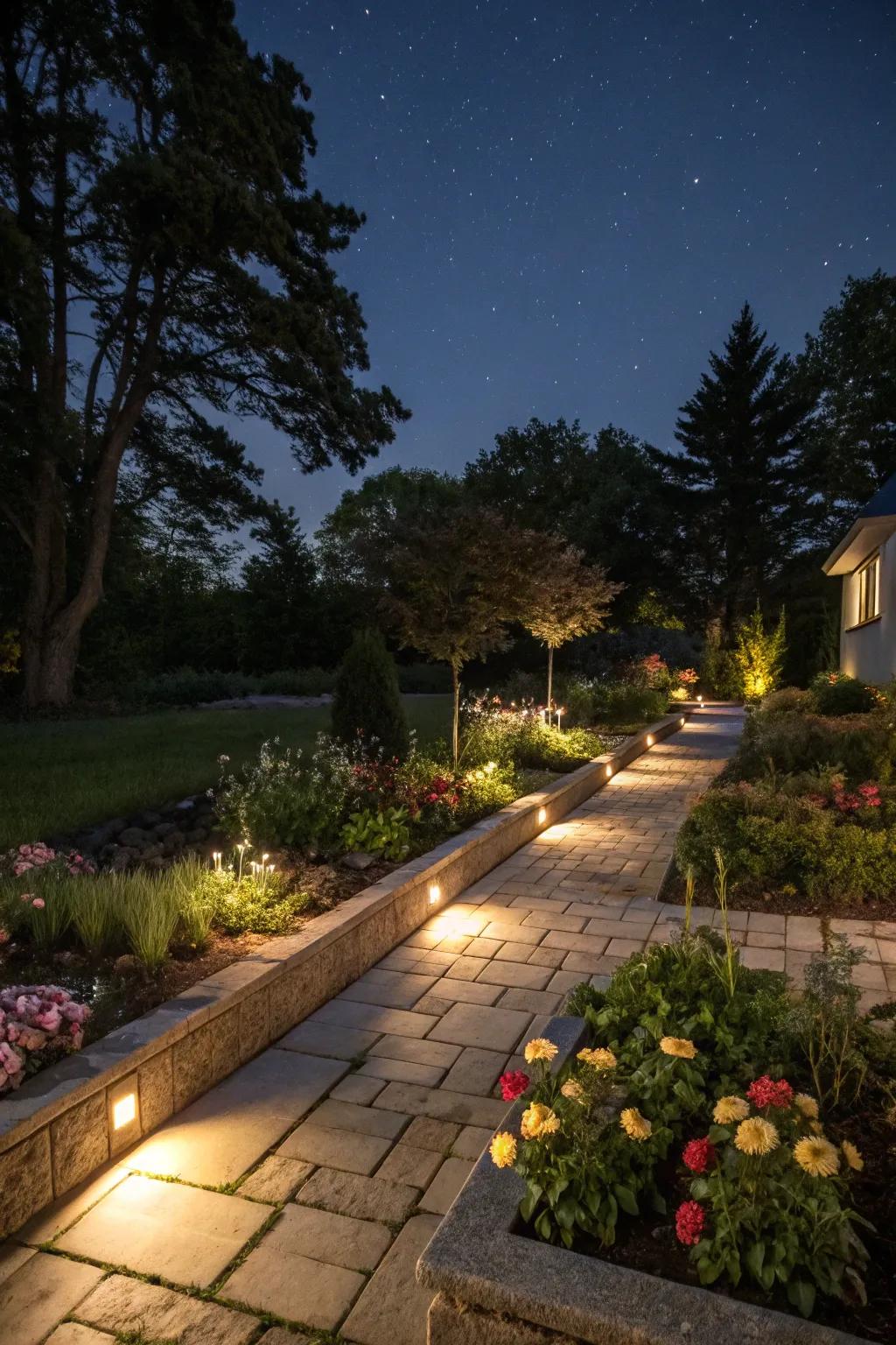 Lighting applies a magical touch to paver flower beds at night.