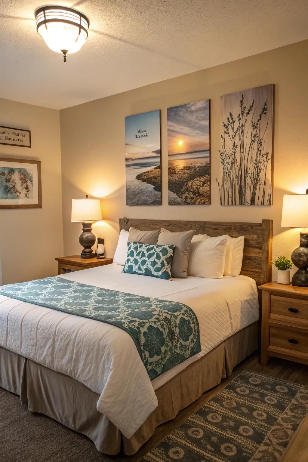 A bedroom showcasing relaxing wall art that contributes to a peaceful ambiance.