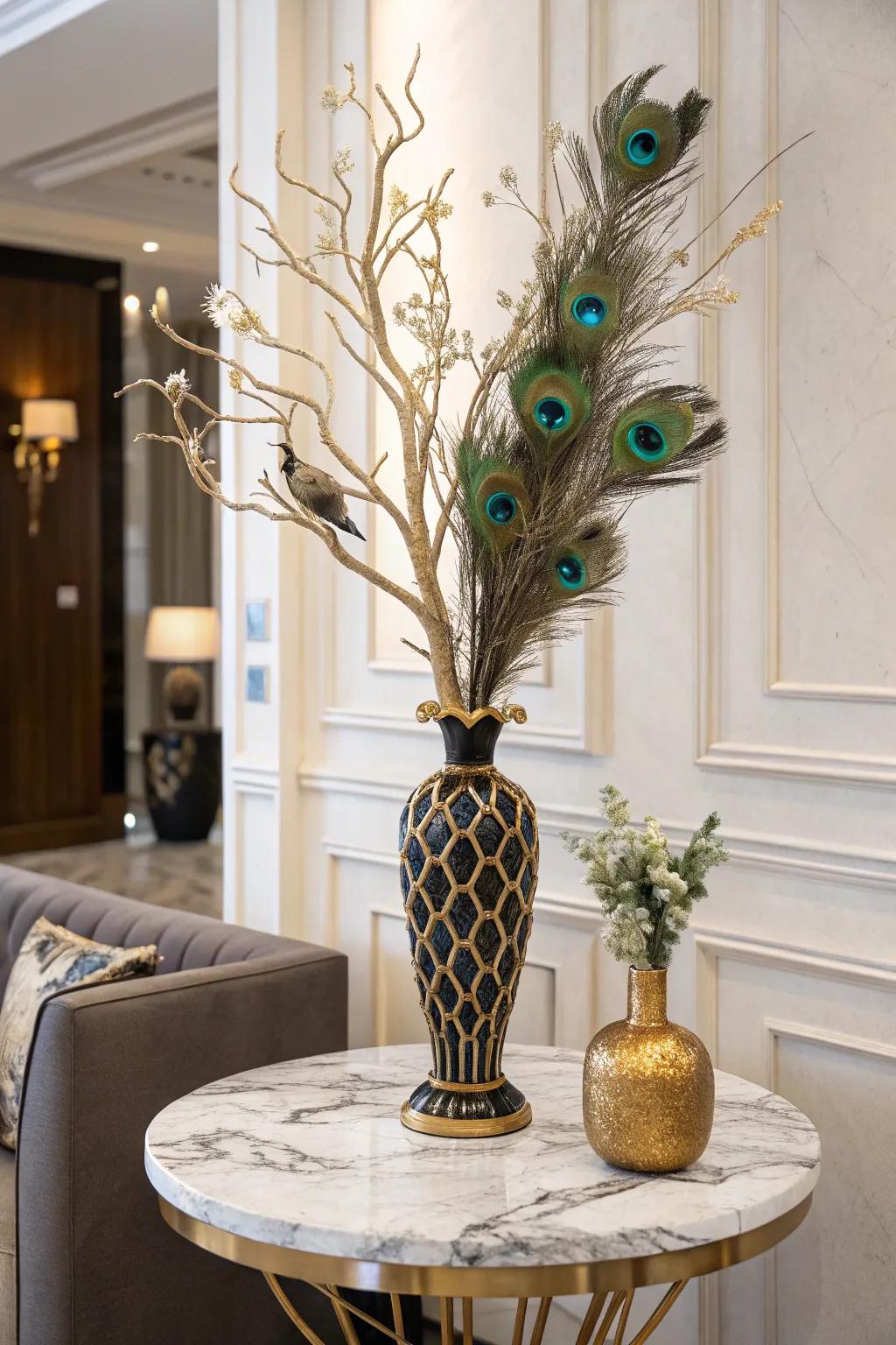 A luxurious centerpiece exhibiting gilded branches and pheasant plumes.