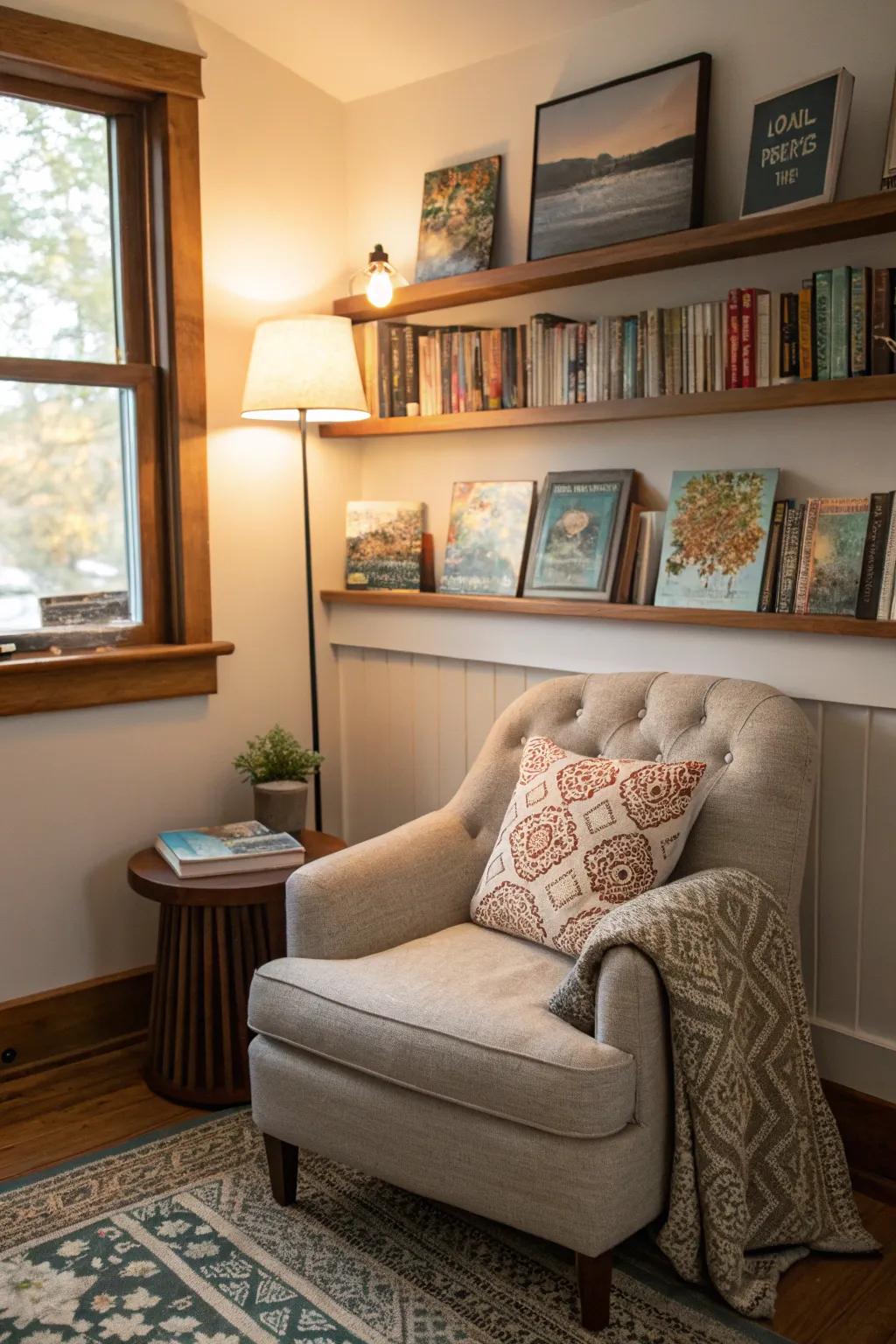 A studying corner display ledge sets up a tranquil retreat.
