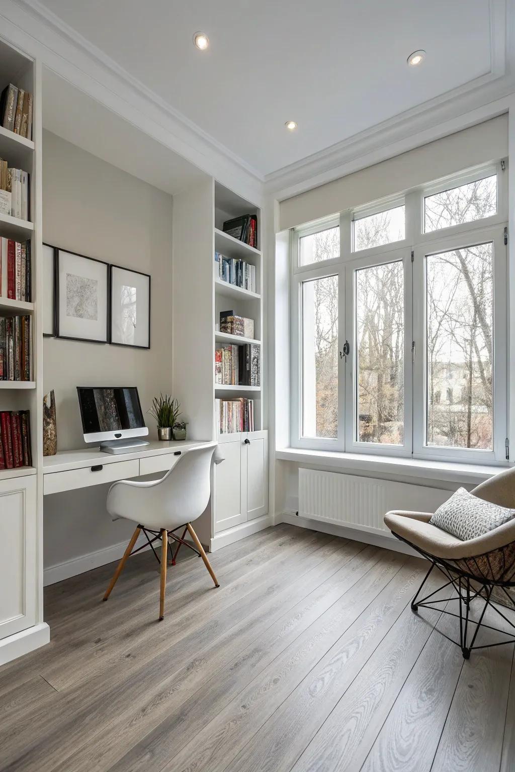 Understated plastic floors keep studies focused and clutter-free.