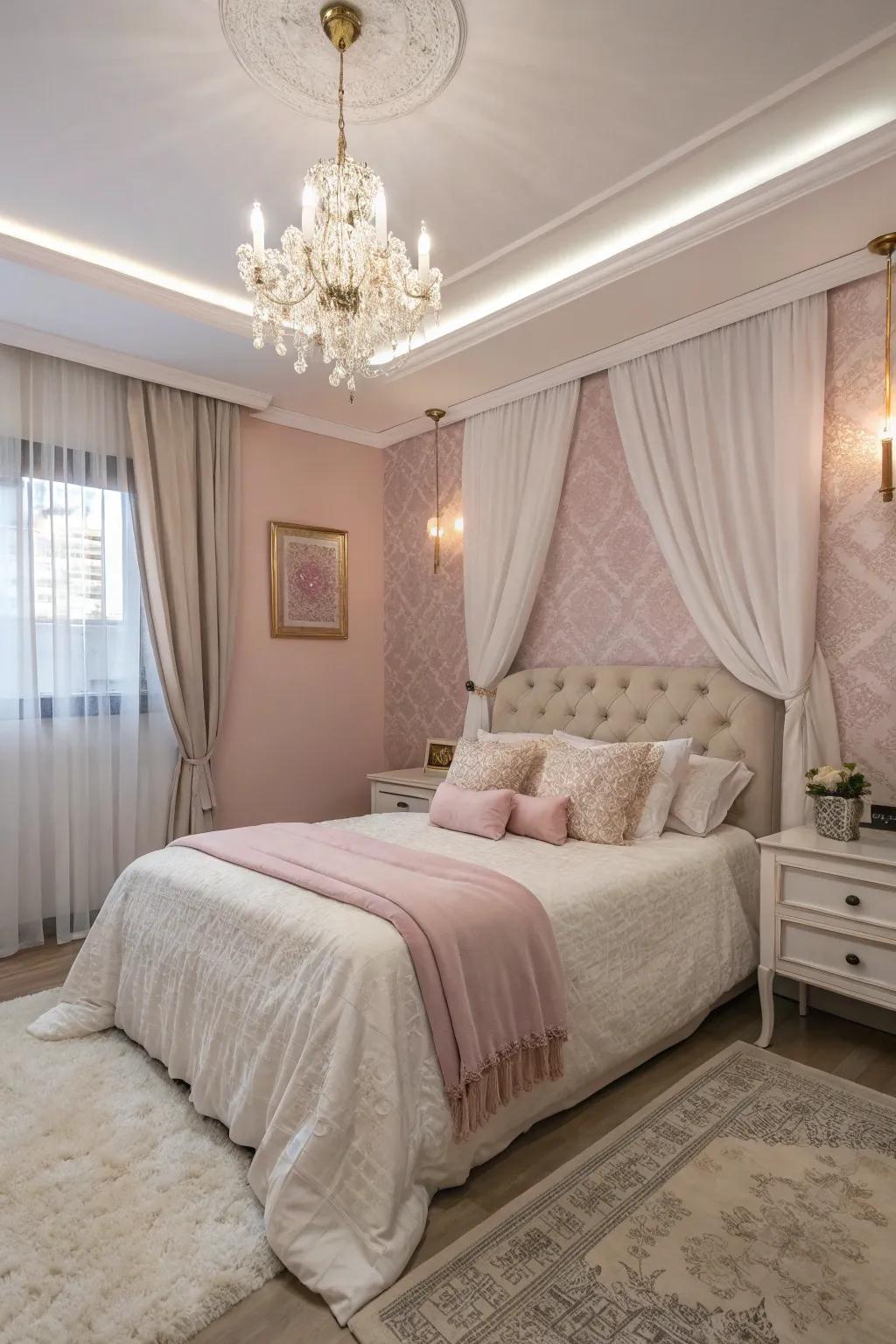Rose pearl tones create a luxurious and tranquil bedroom getaway.