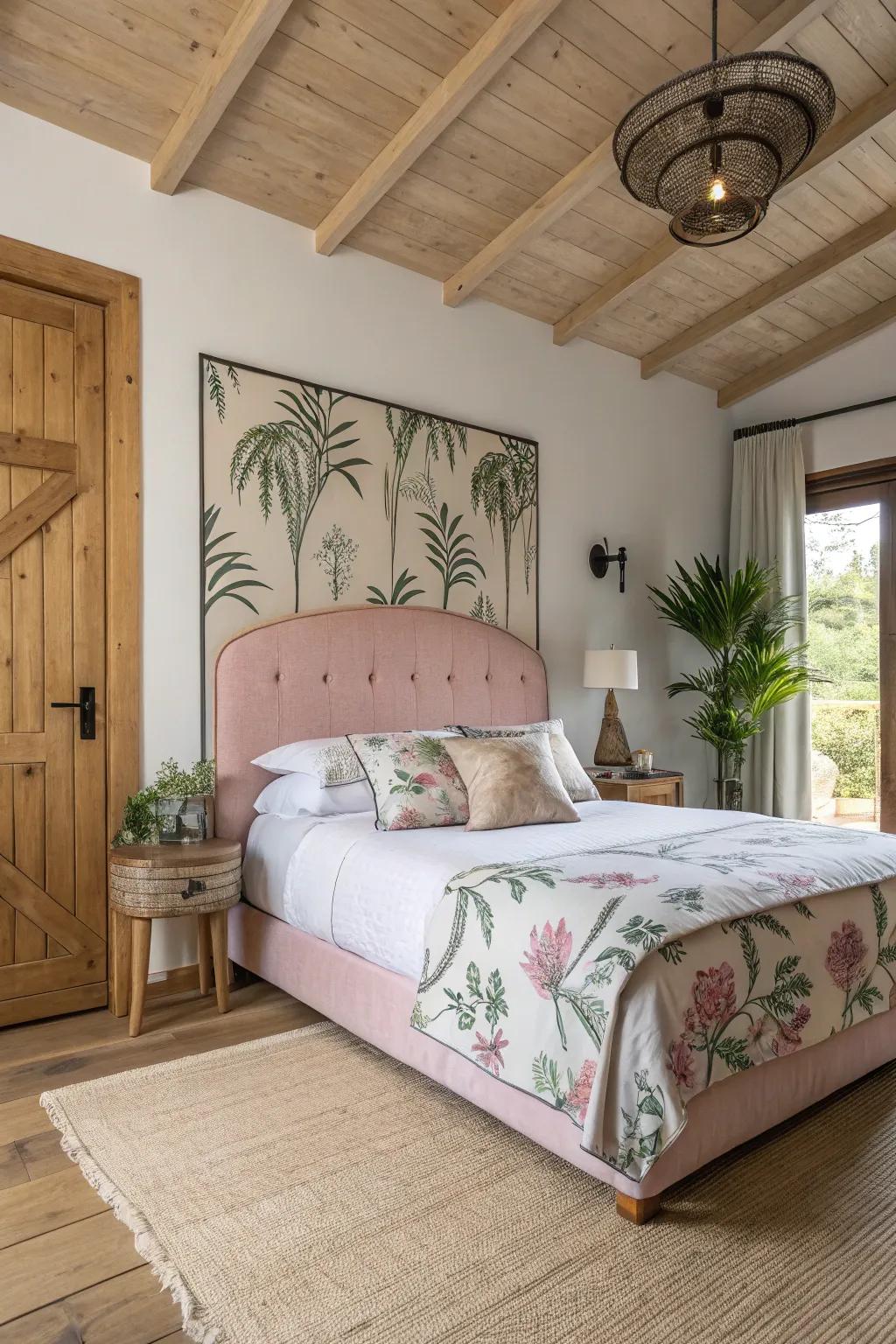 A refreshing and serene bedroom starring a pink botanical print headboard.