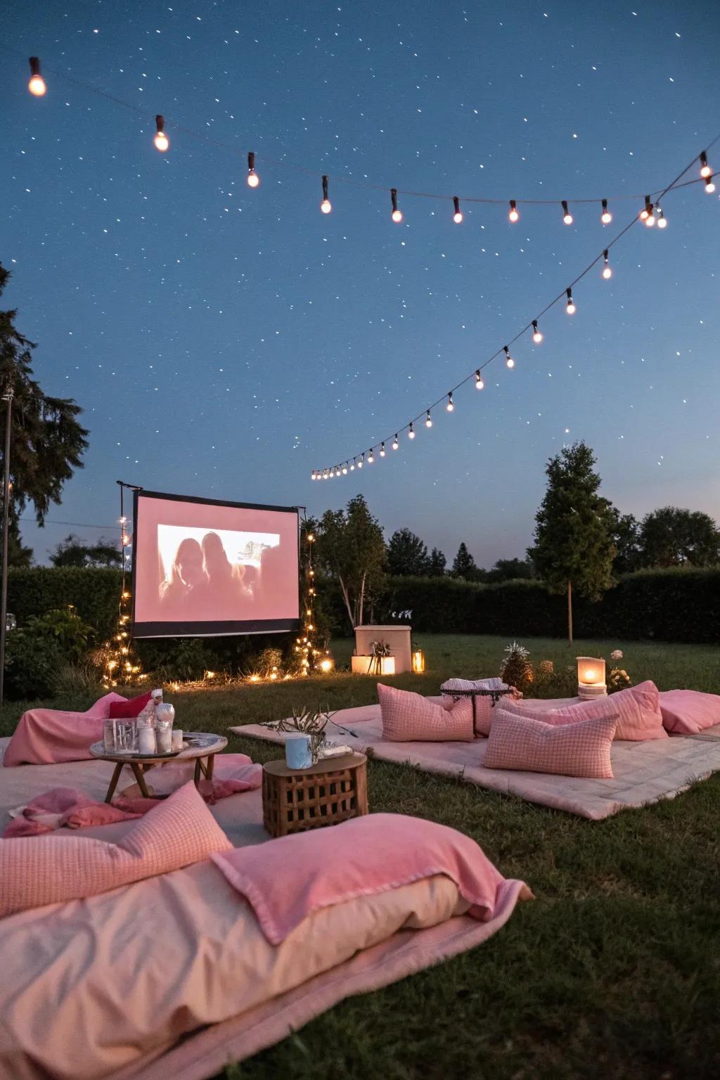 An open-air film evening with roseate accents allows for a cozy and stylish event.