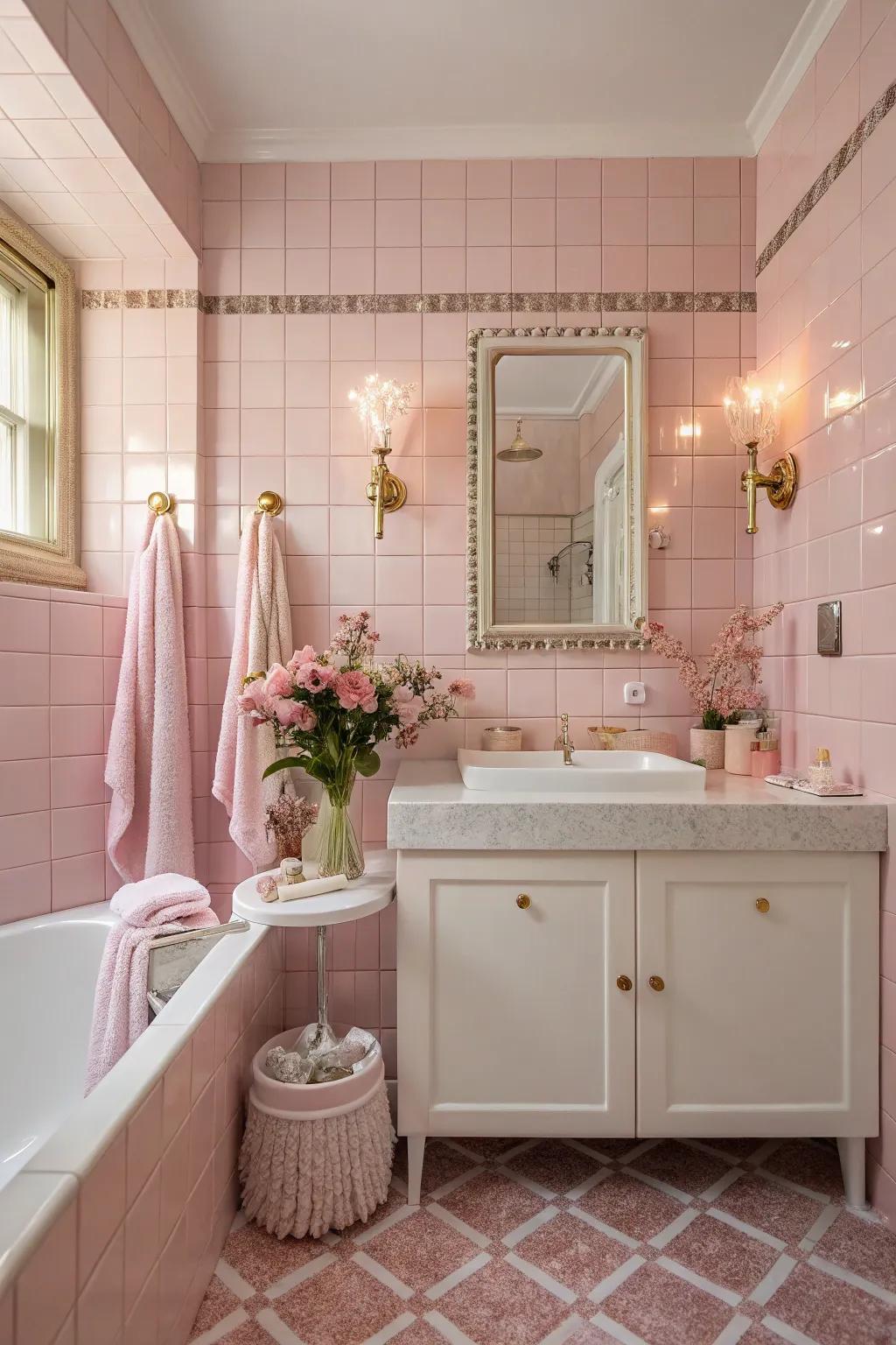 A graceful bathroom with feminine touches and rosy tiles.