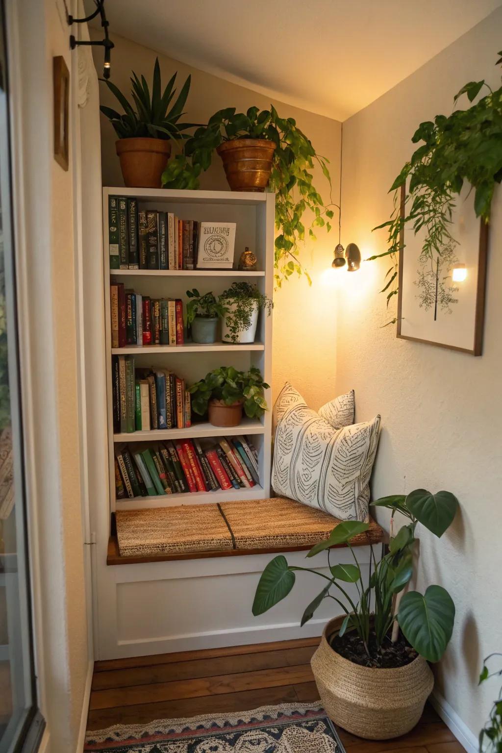 A reading nook complemented with greenery.