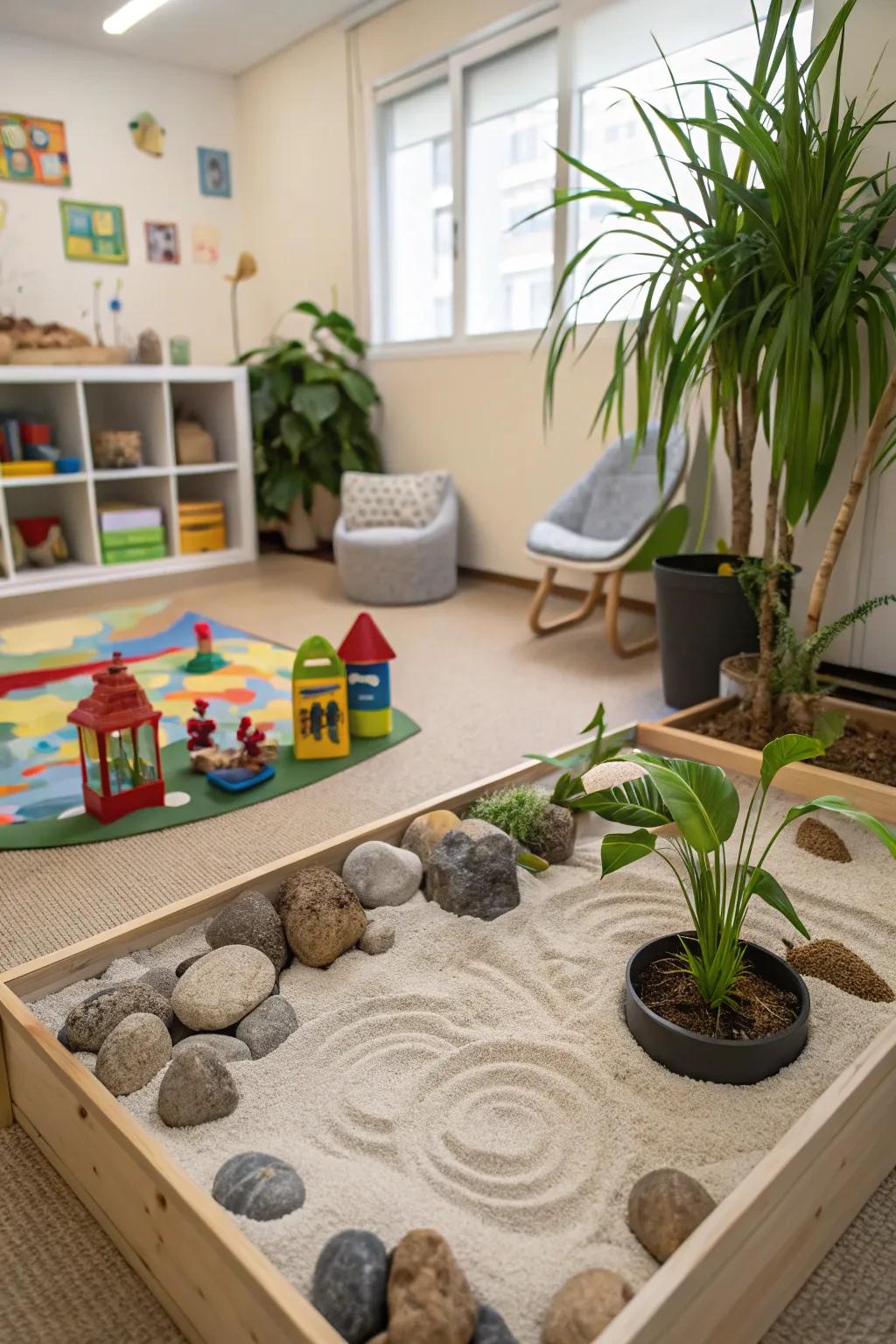 A thoughtful peace garden brings tranquility to the room.