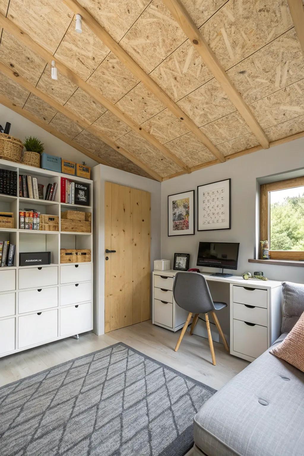 A room where hidden storage in the plywood ceiling maximizes space efficiently.