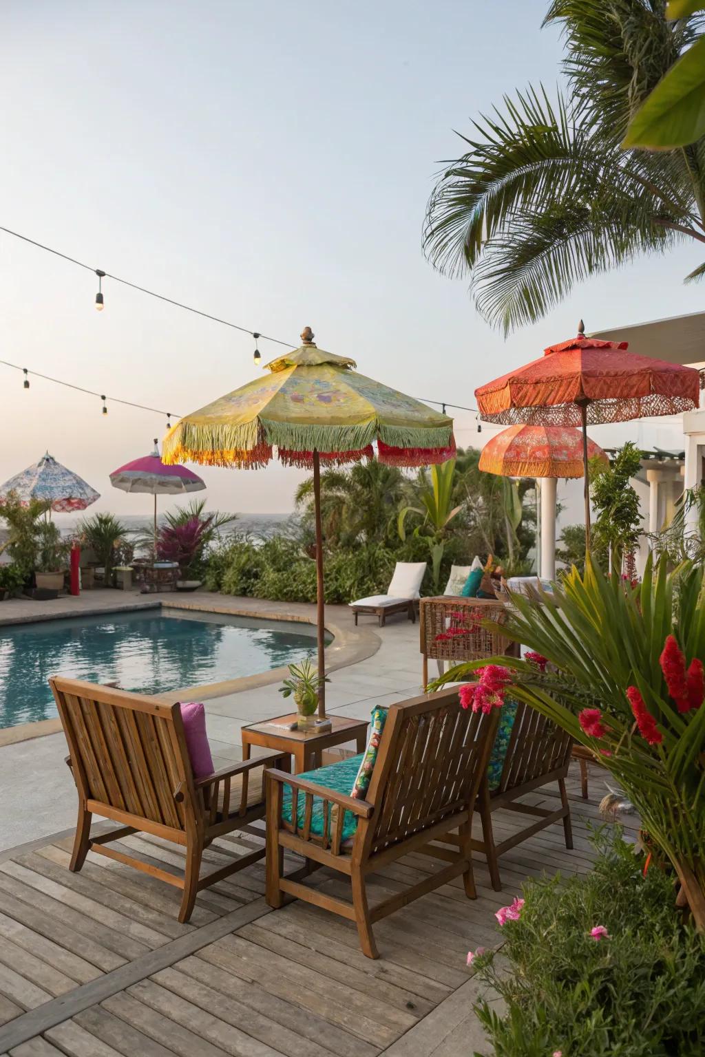 Tropical accents on the pool deck provide a paradise getaway.