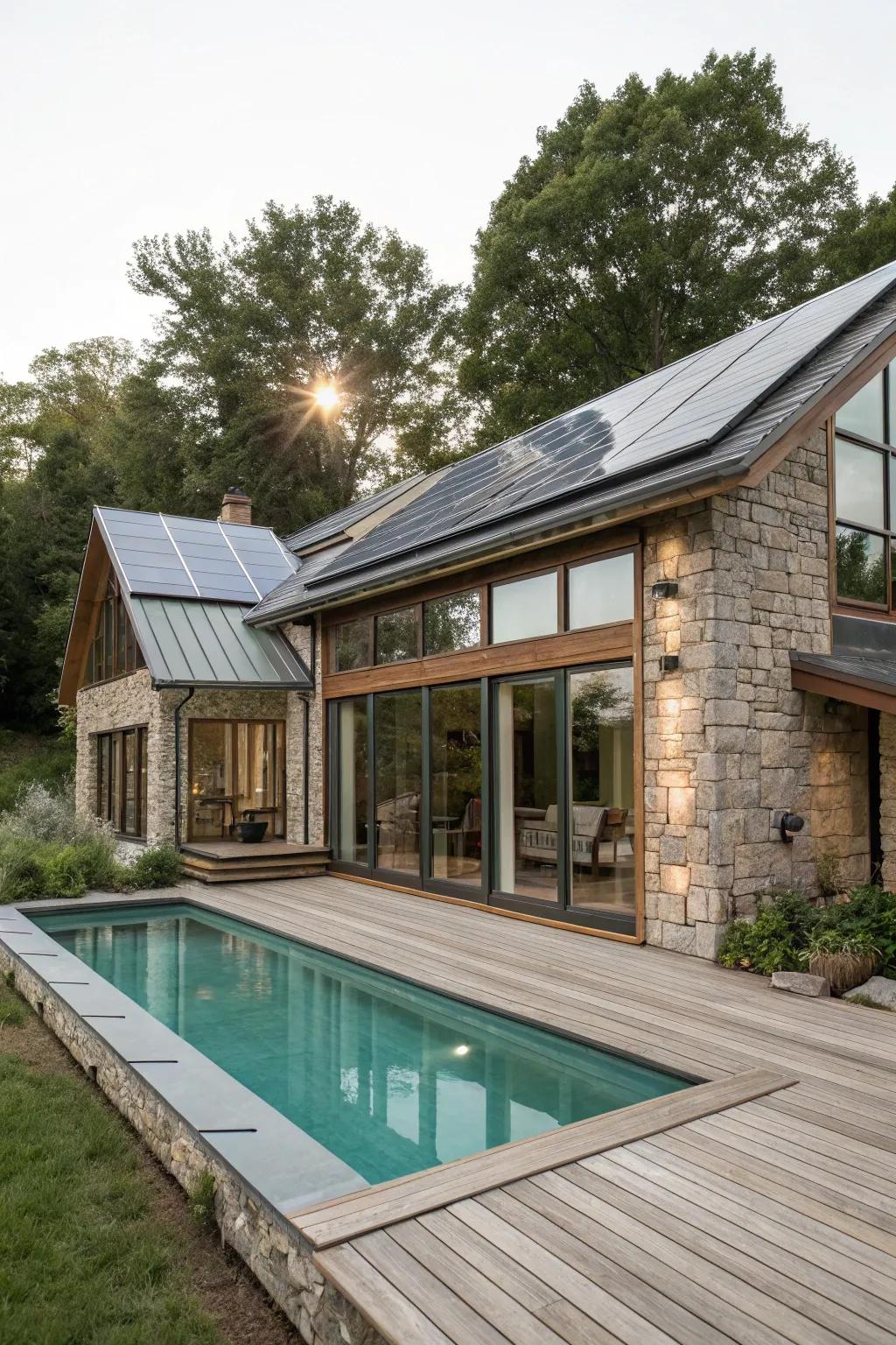 A pool house with environmentally-friendly features.