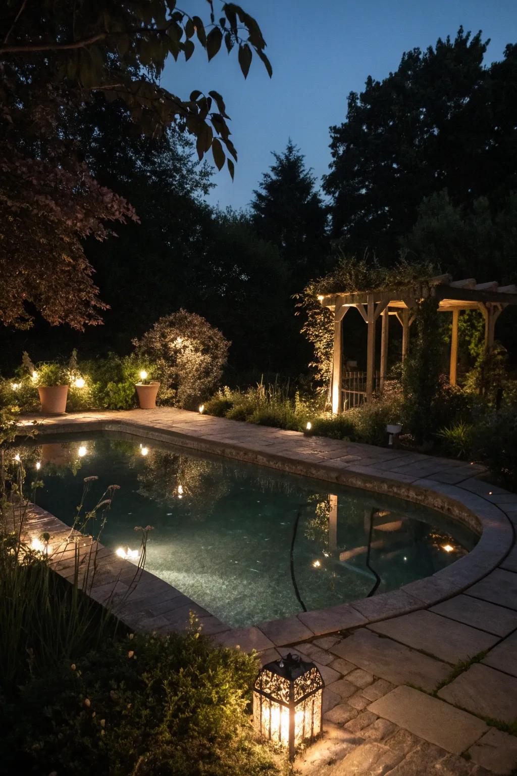 A pool pond displaying enchanting nighttime lighting.
