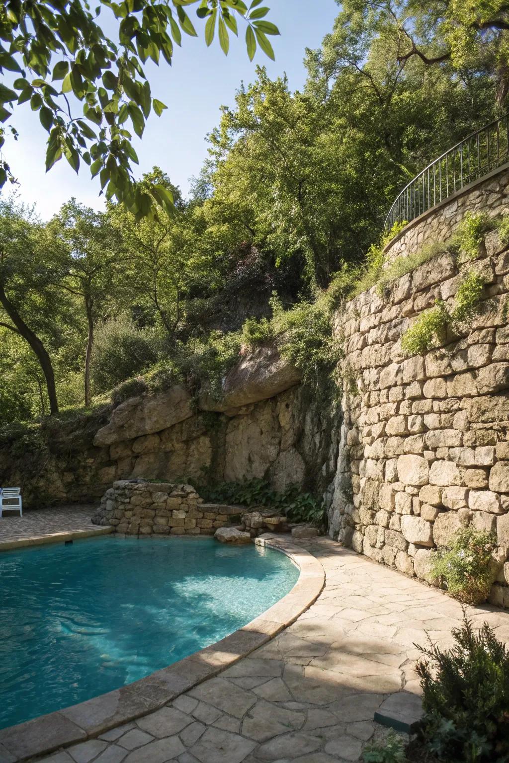 A wild stone wall adds rugged beauty and privacy.