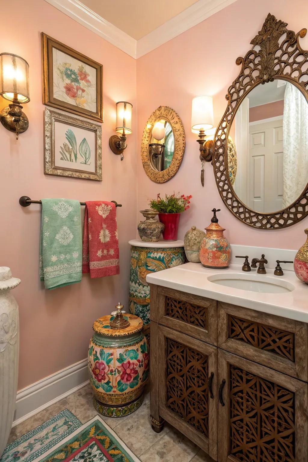 A powder room brought to life using varied and personal decor.
