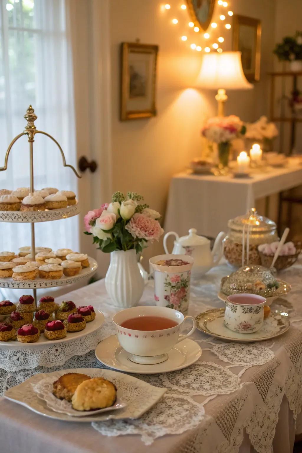 A dining area styled for a vintage tea party, with delicate china and a selection of teas and pastries.