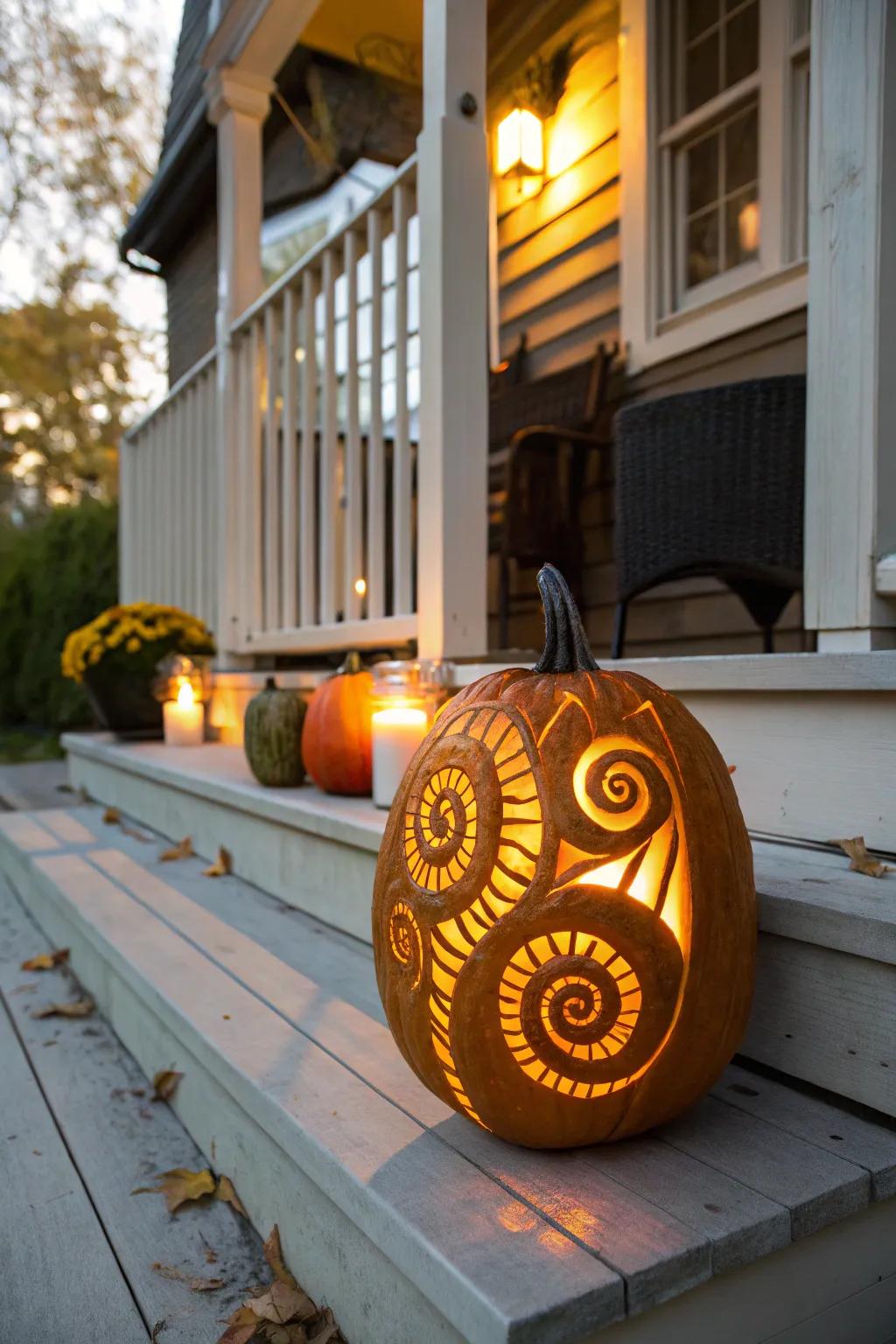 A dynamic spiral-sculpted pumpkin emanating a balmy radiance.