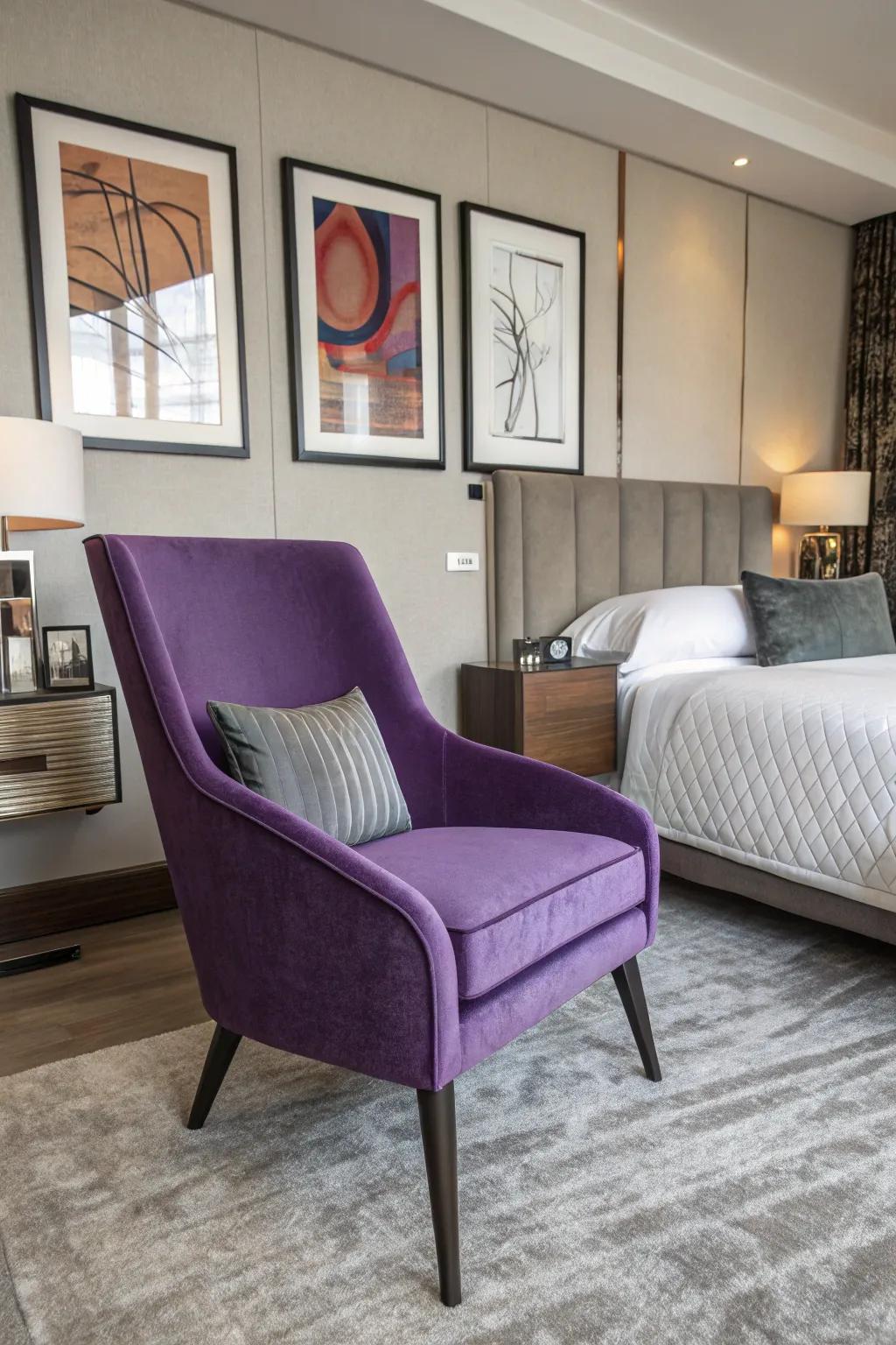 A purple statement chair elevates the room's design quotient.