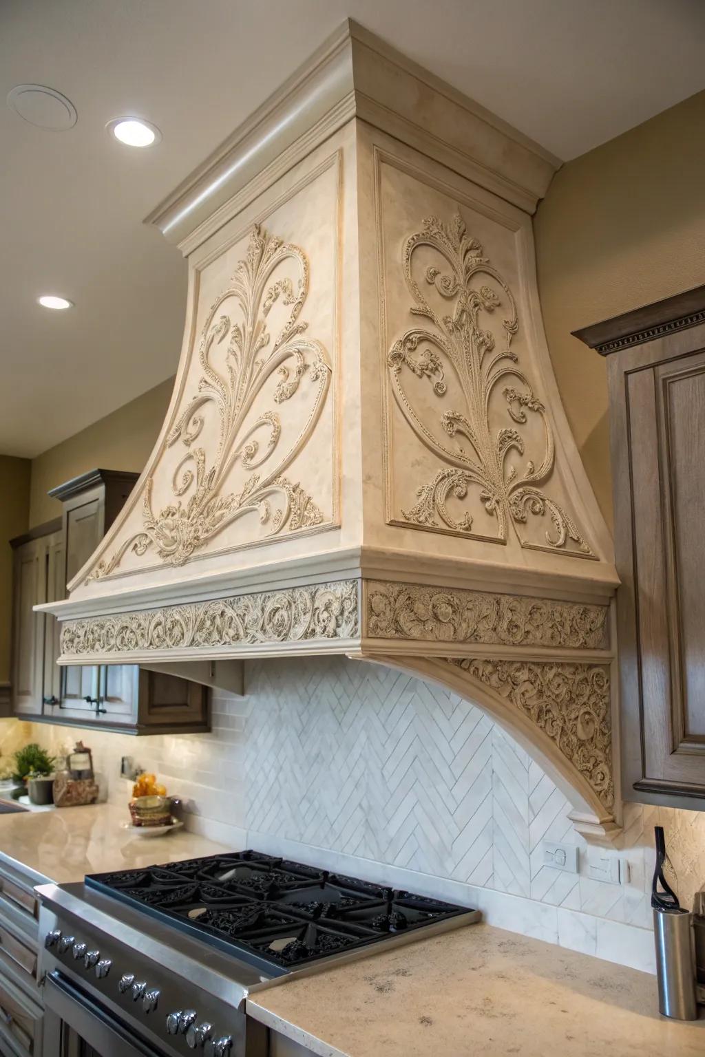 Artistic carvings enhance your range hood's uniqueness.