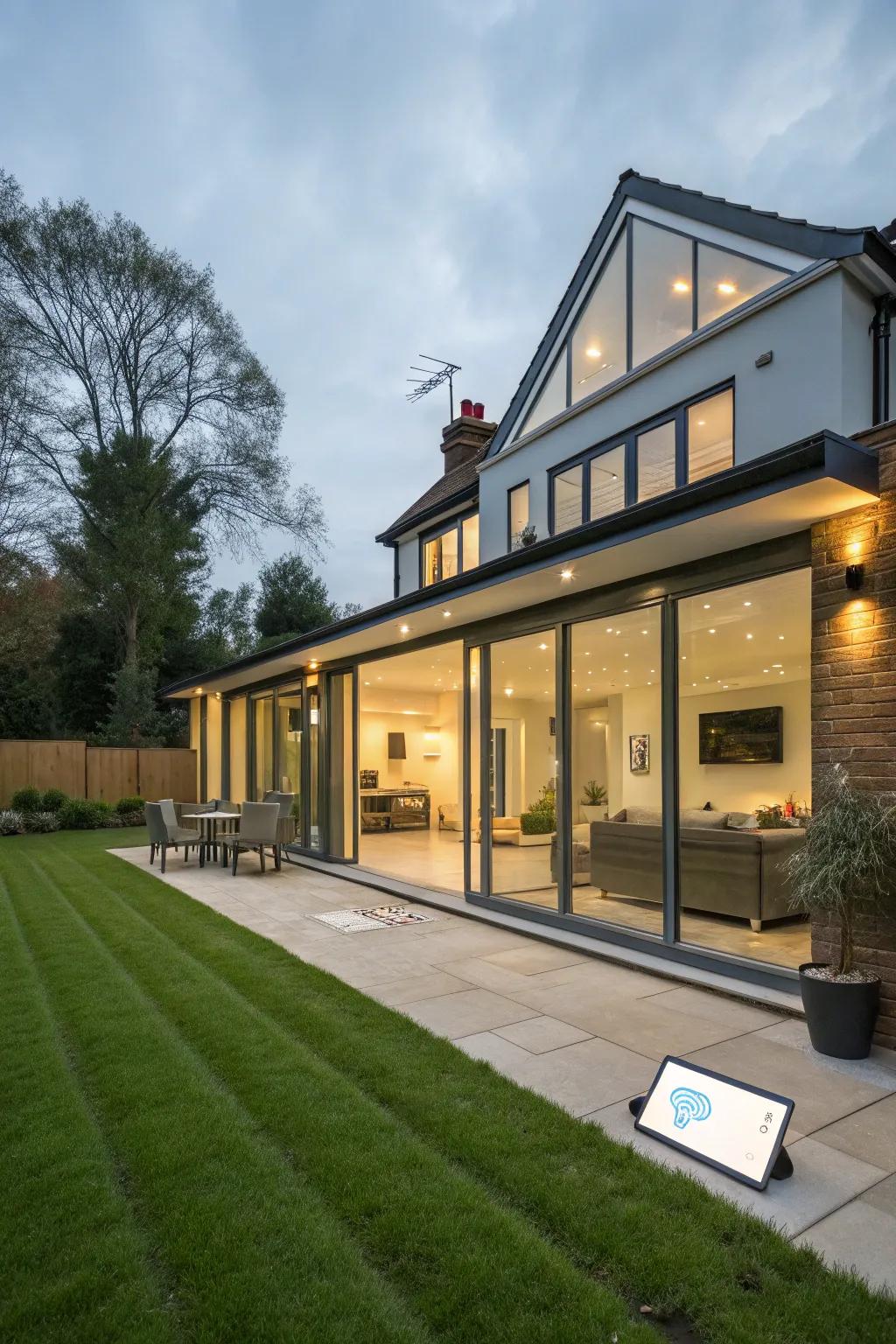 A modern back house extension equipped with smart home technology for convenience.
