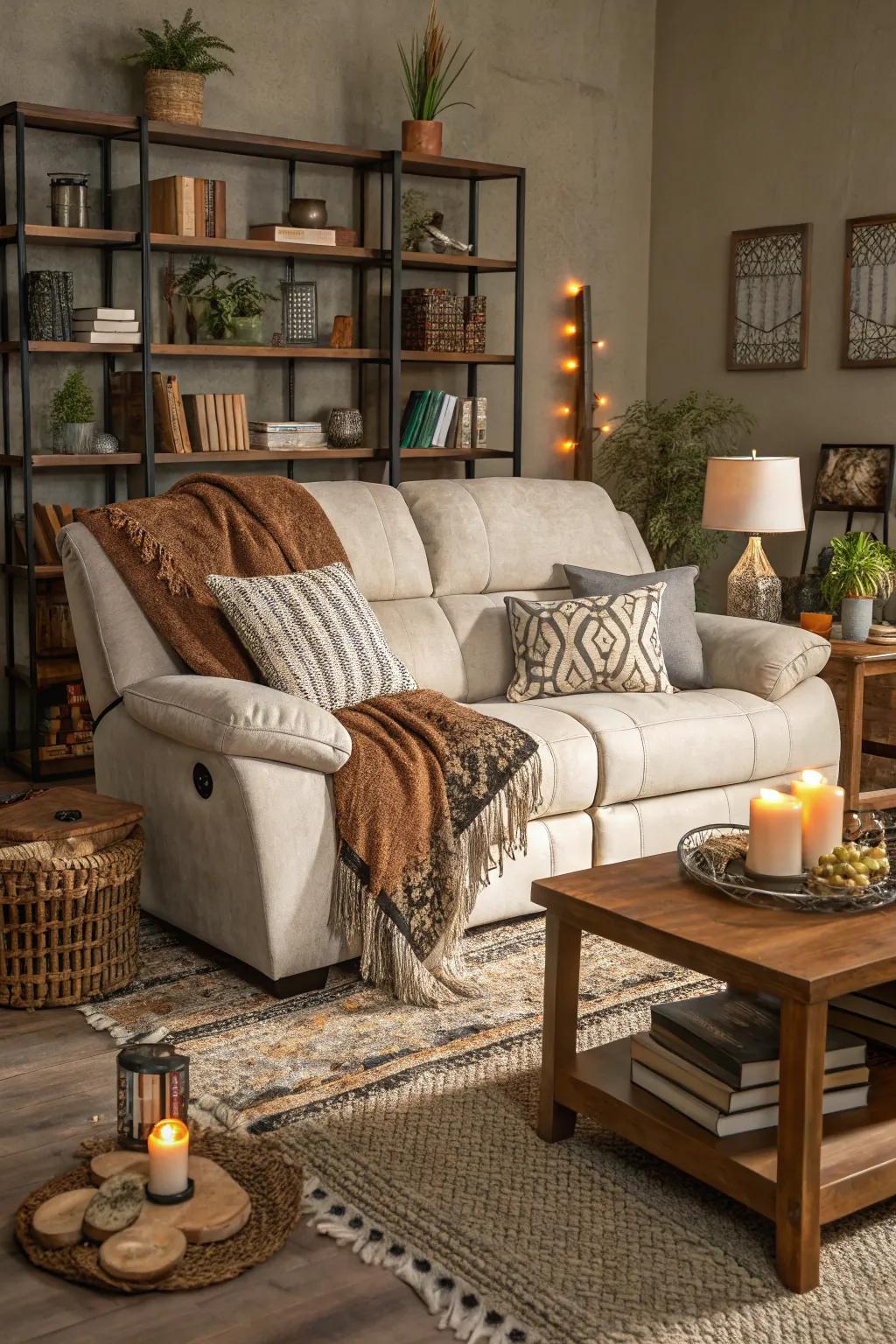 A visually rich living room created by mixing various textures around the comfortable recliner sofa.