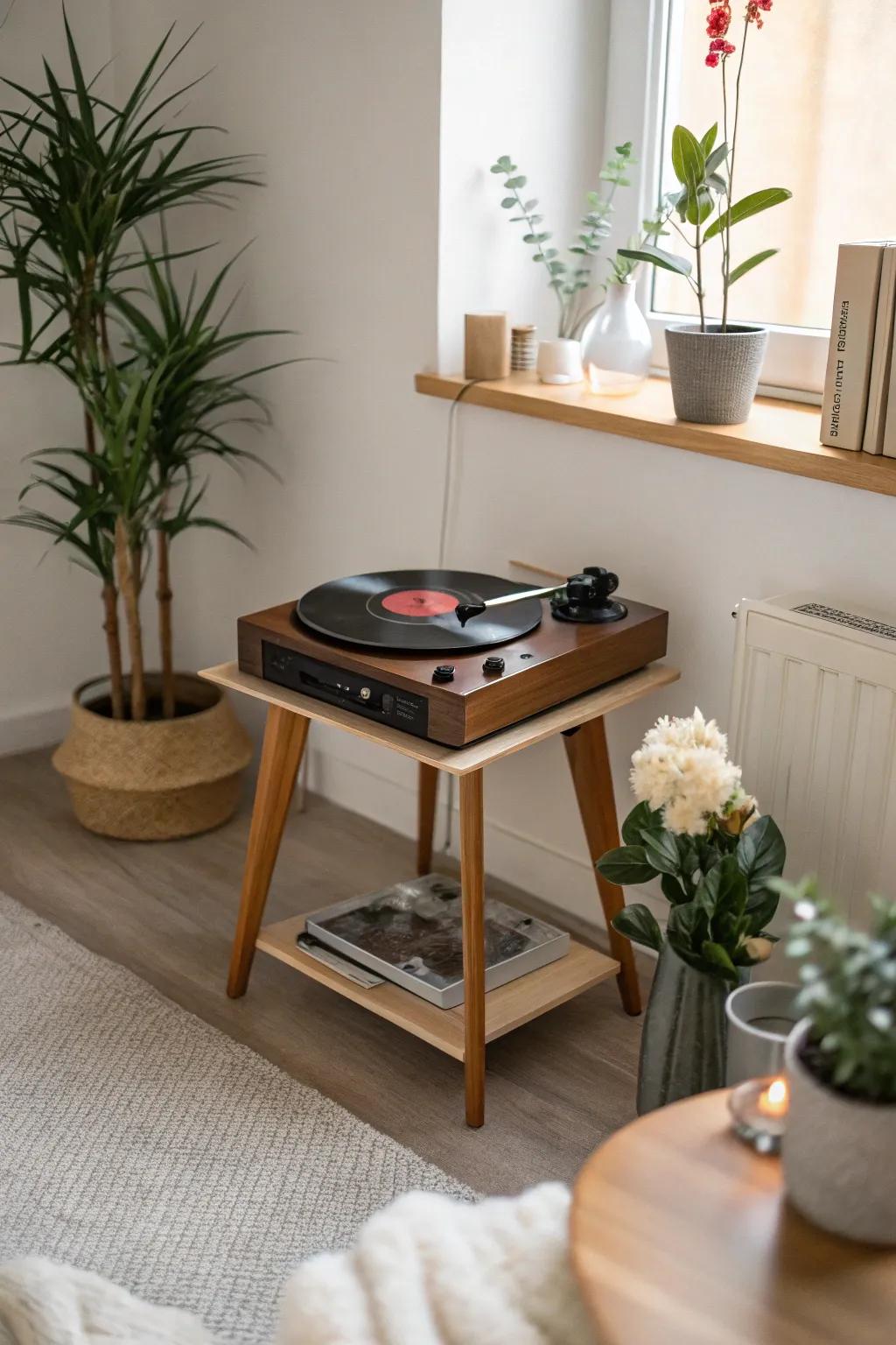 Zen-inspired simplicity shapes this record player setup.
