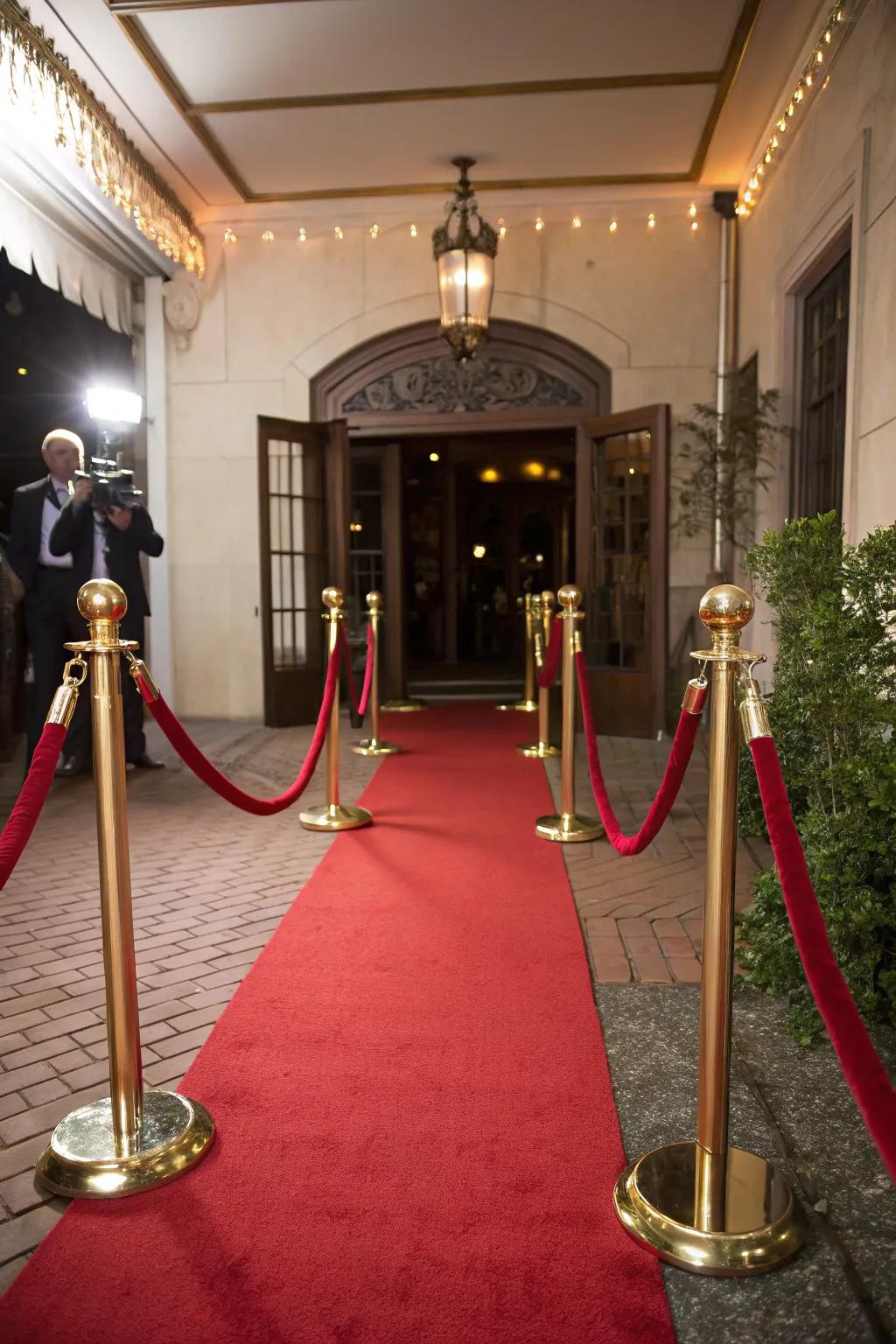 A scarlet floor covering entrance dictates a grand mood for the celebration.