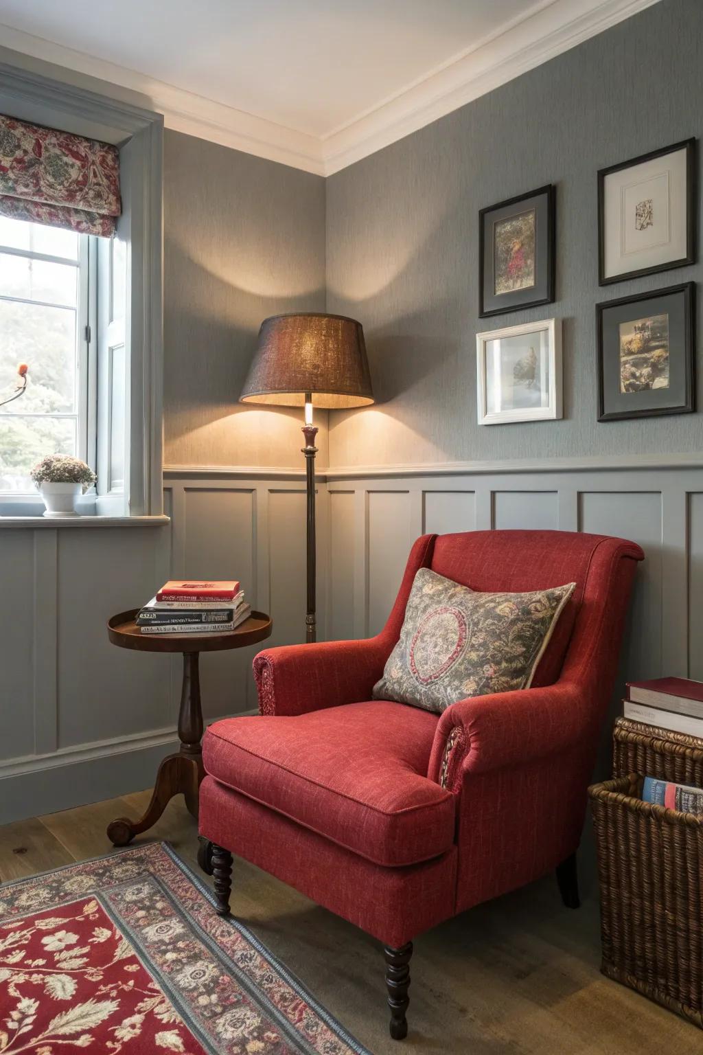 An intimate corner offers a sanctuary within the living room.