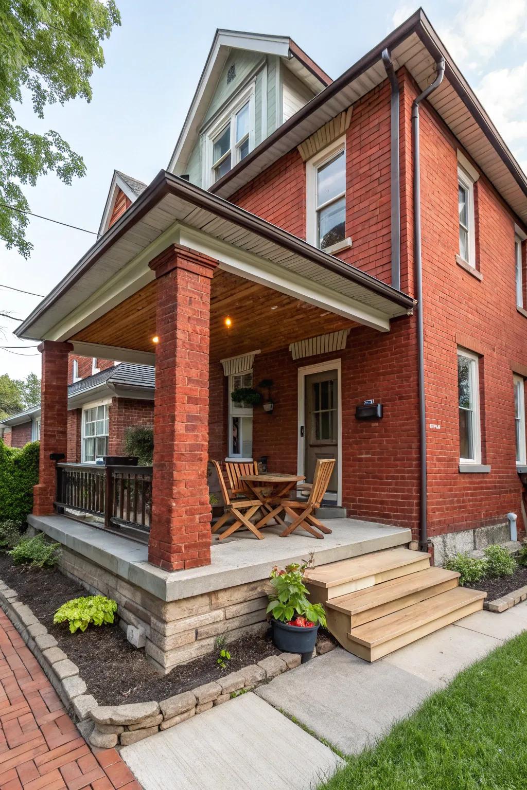 An outdoor dining area makes this red brick porch perfect for al fresco meals.