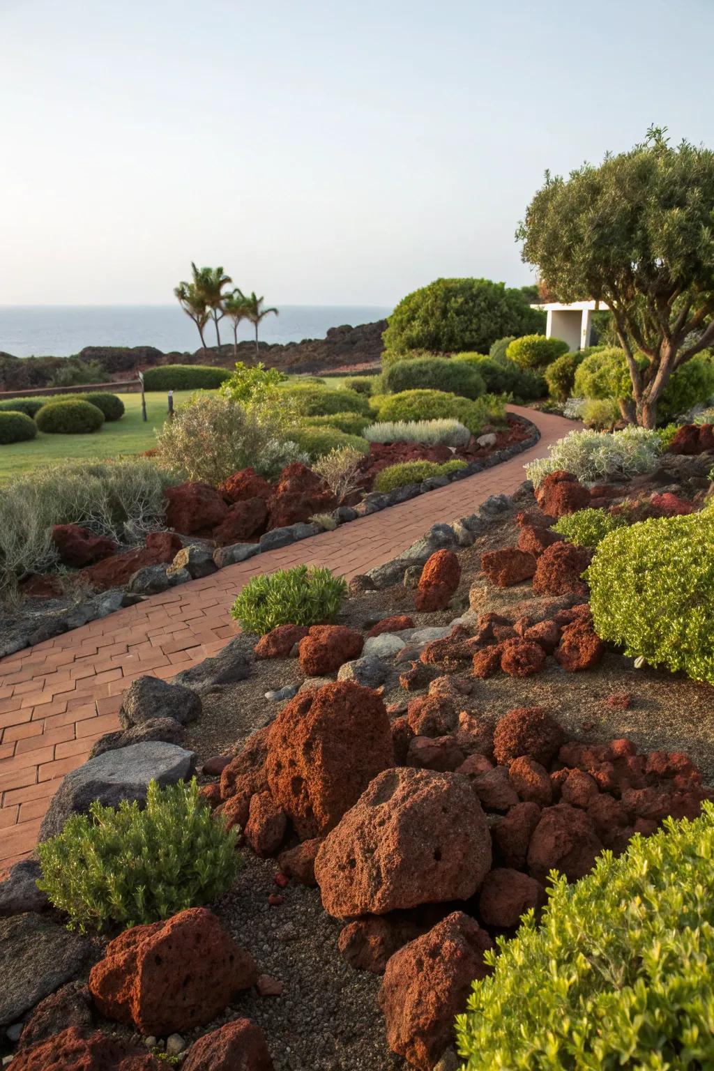 Crimson volcanic stones act as a fetching and practical surrogate for grass.