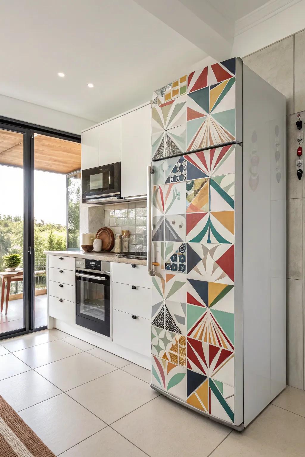 Shaped designs surrounding the refrigerator add visual interest and sophistication.