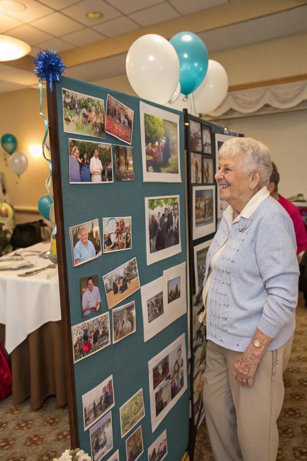 A photo display offers a visual narrative of the retiree's life.