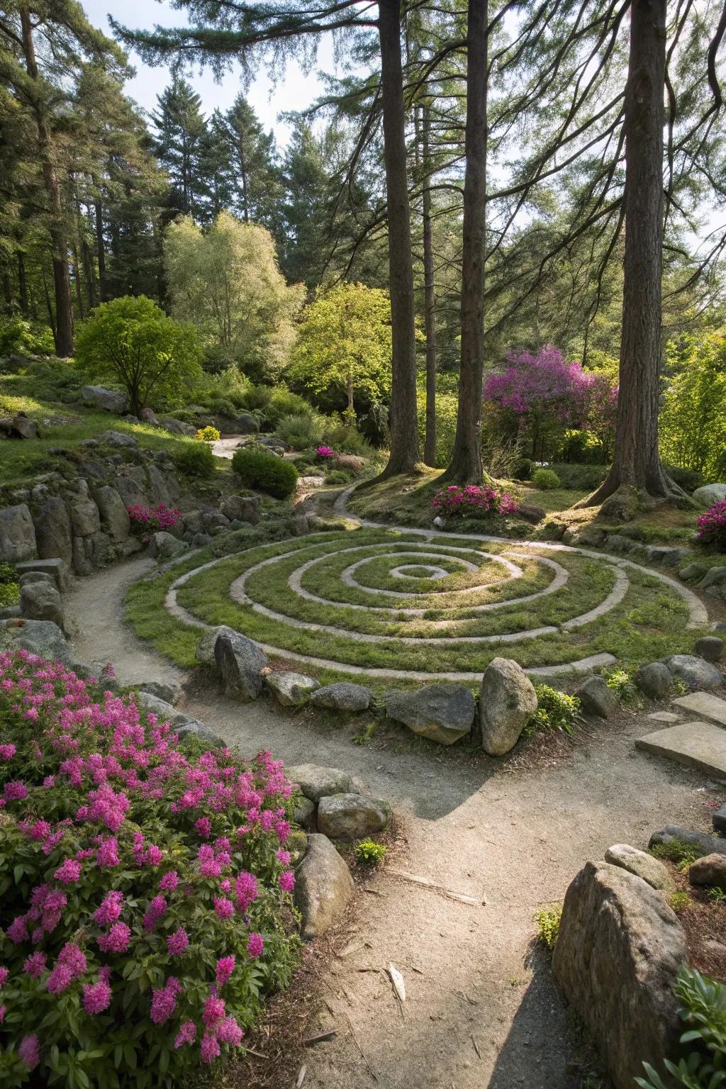 A stone maze infuses charm and intrigue into this garden landscape.