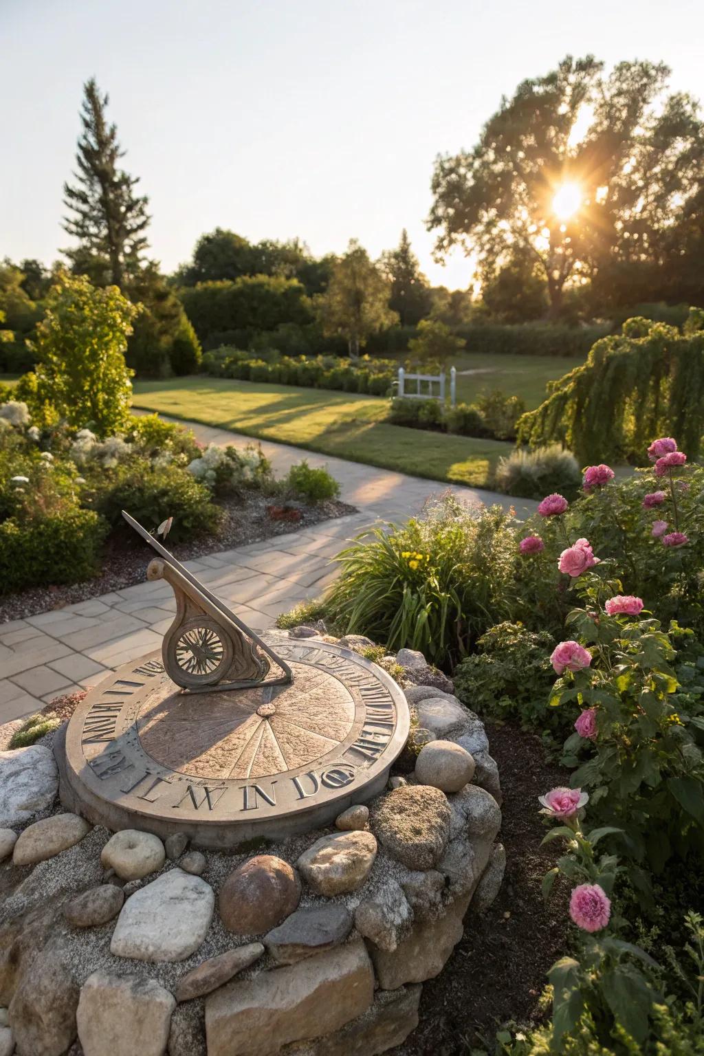 A decorative stone sun clock blending function and beauty in a garden.